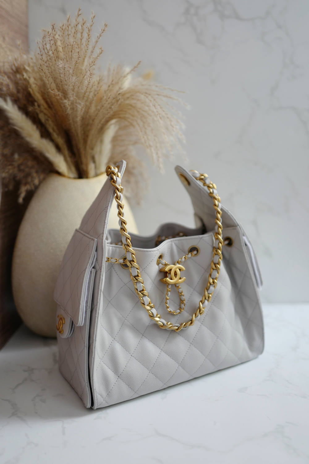NEW CHANEL 2025 25B Small Hobo Bag Grained Calfskin Pale Grey