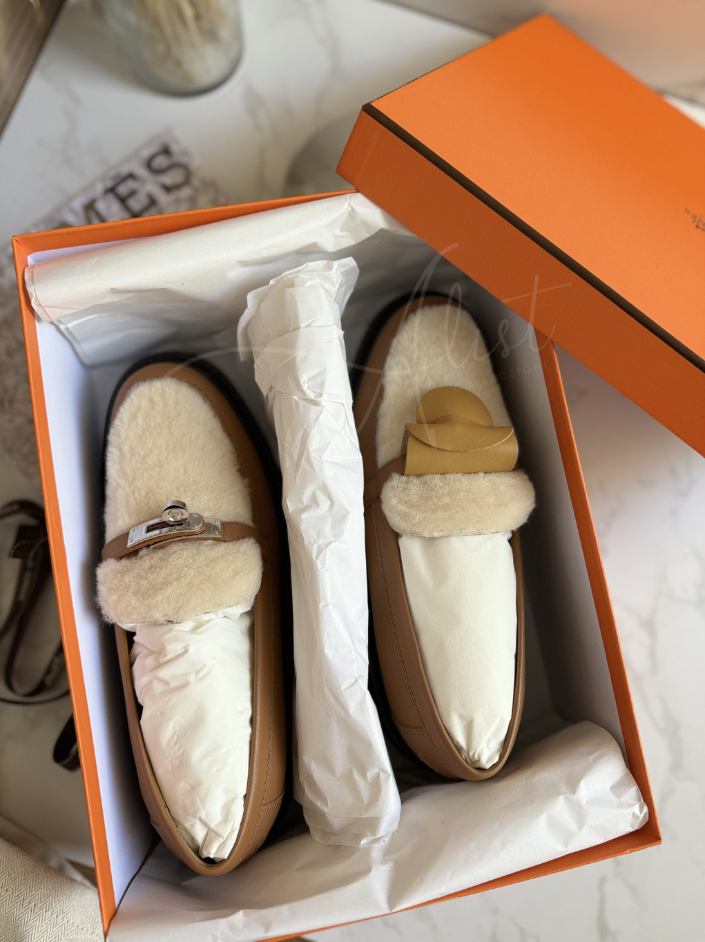 BNIB Hermes shoes icone loafers naturel / écru shearling Size 38