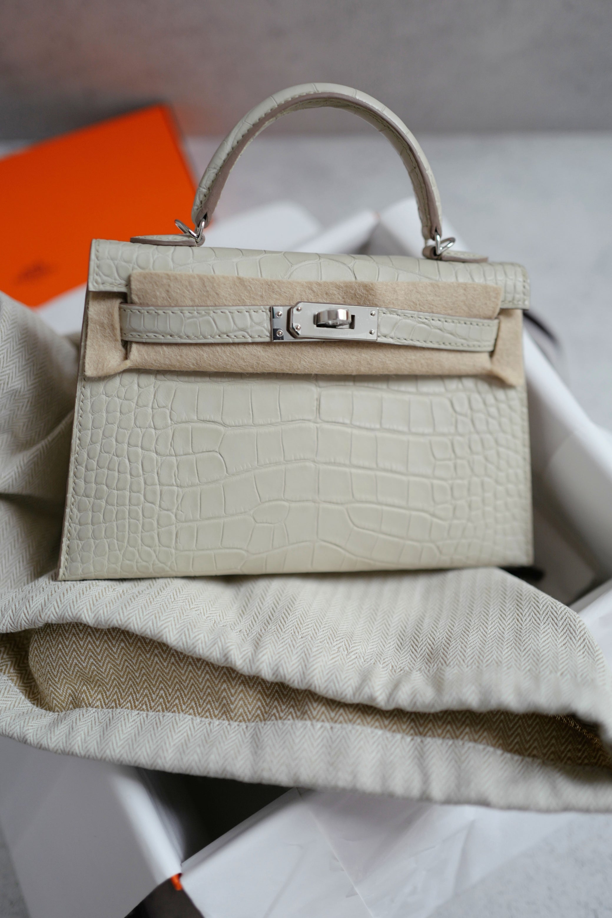 BNIB Hermès Mini Kelly 20 Beton Matte Crocodile with Palladium Hardware Stamp K