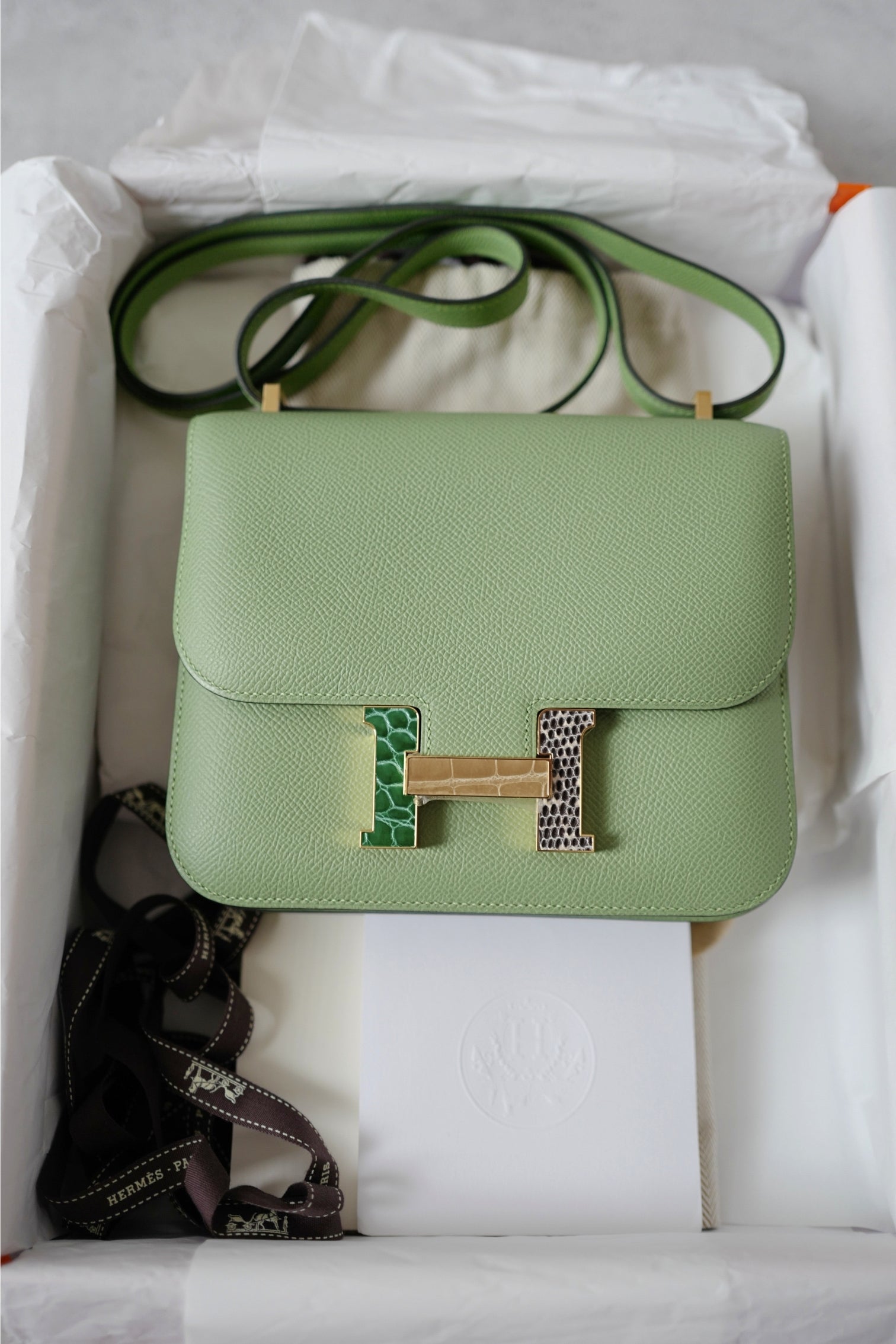 BNIB Hermès Constance 18 Vert Criquet Epsom Leather Bag Exotic Buckle GHW Stamp B 2023