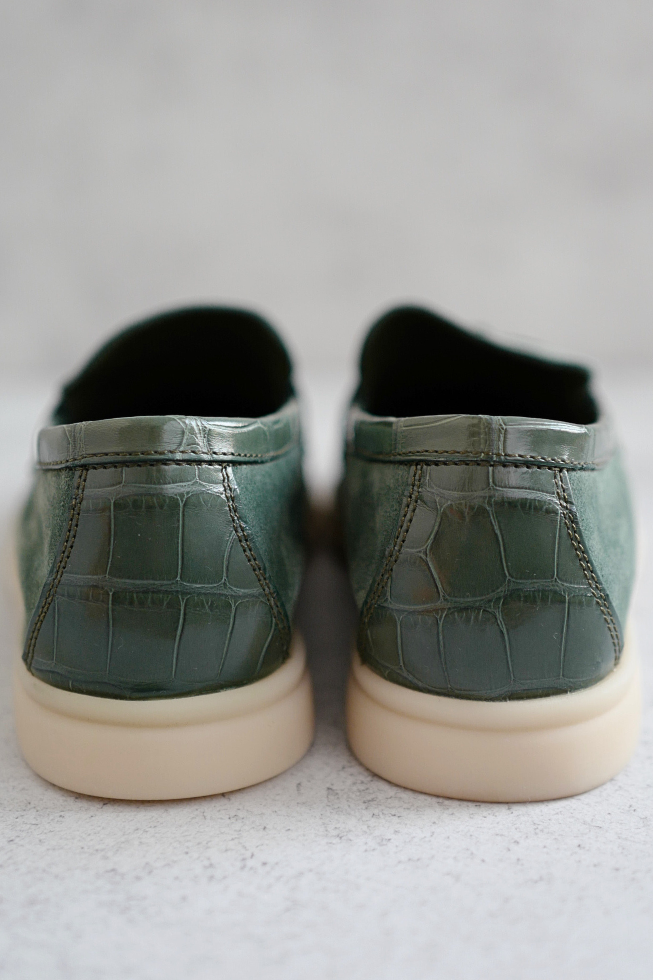 Loro Piana Summer Charms Walk Suede Loafers Green Lagoon Alligator Detail Size 36.5