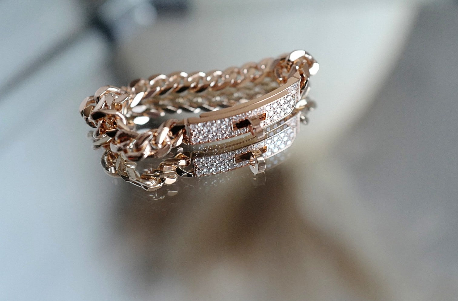 Hermès Kelly Gourmette Bracelet SH Very Small Model Rose Gold with Diamonds SH