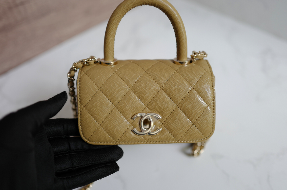 BNIB Chanel 25B Nano Coco Handle Bag – Dark Beige Caviar Leather Champagne Gold Hw