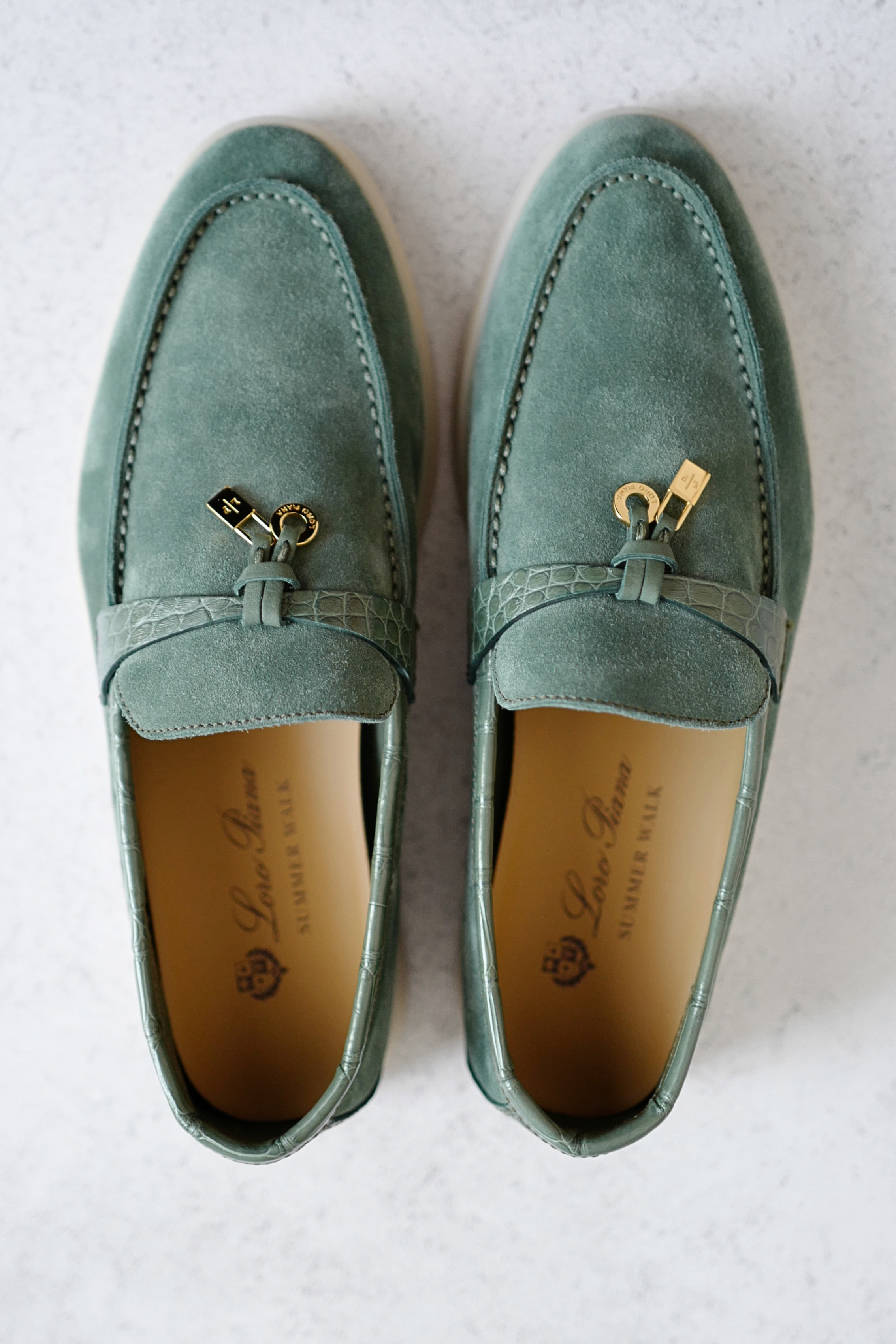 Loro Piana Summer Charms Walk Suede Loafers Green Lagoon Alligator Detail Size 36.5
