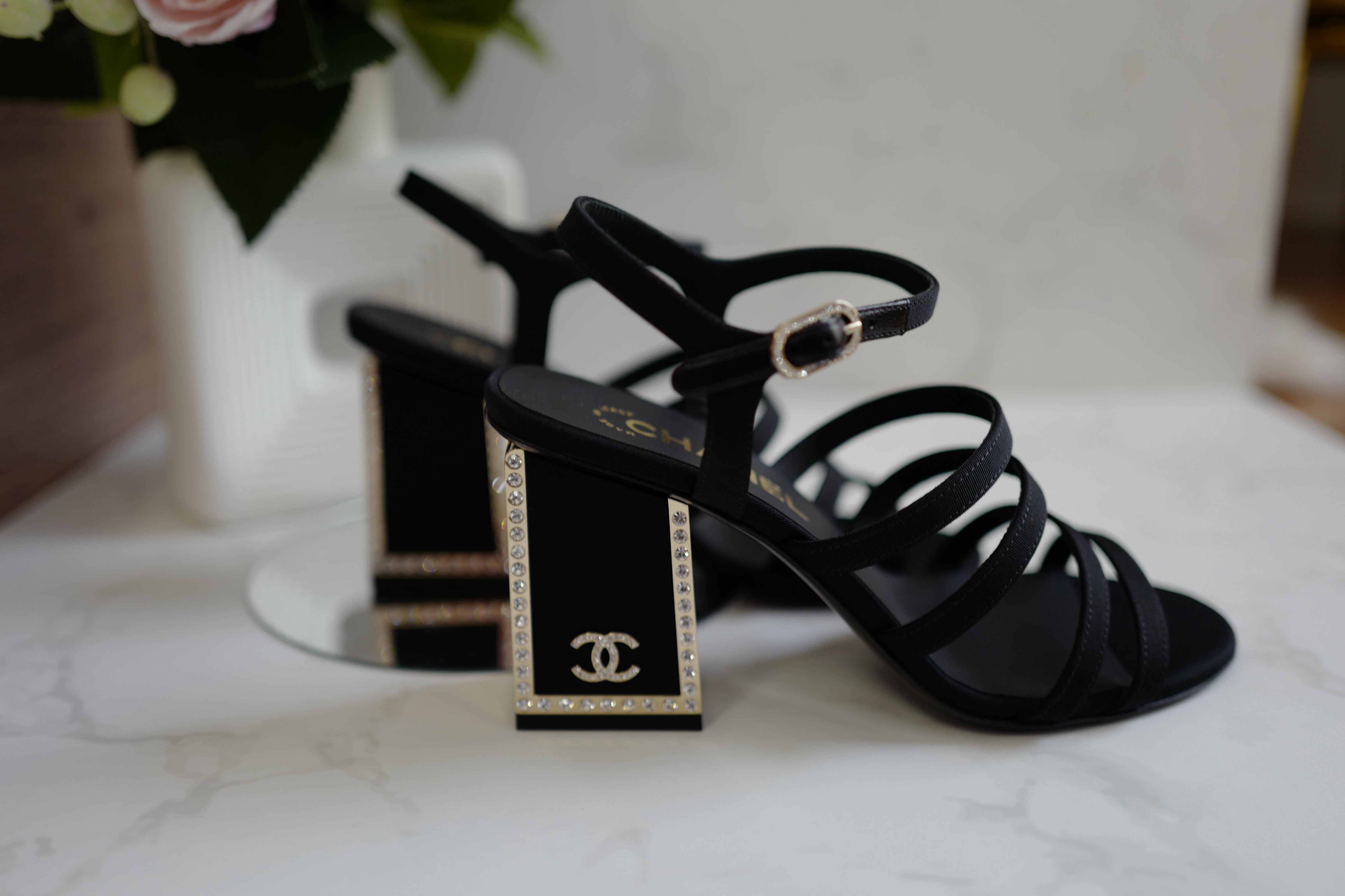 BNIB Chanel 24B Strappy Heels in Black with Crystals Rhinestone Heels size 38