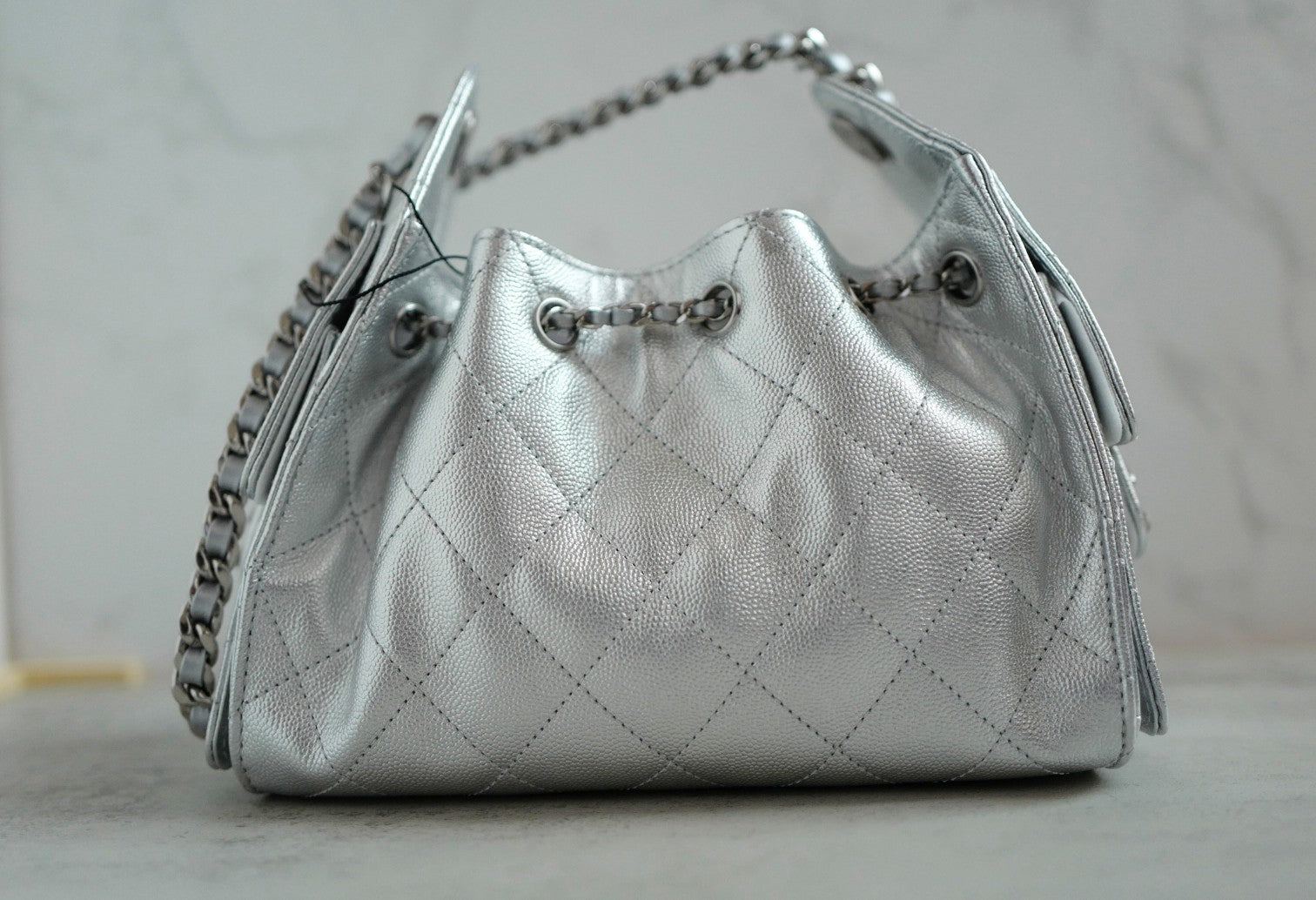BNIB Chanel 26C Mini Hobo Metallic Silver Grained Calfskin Shoulder Bag