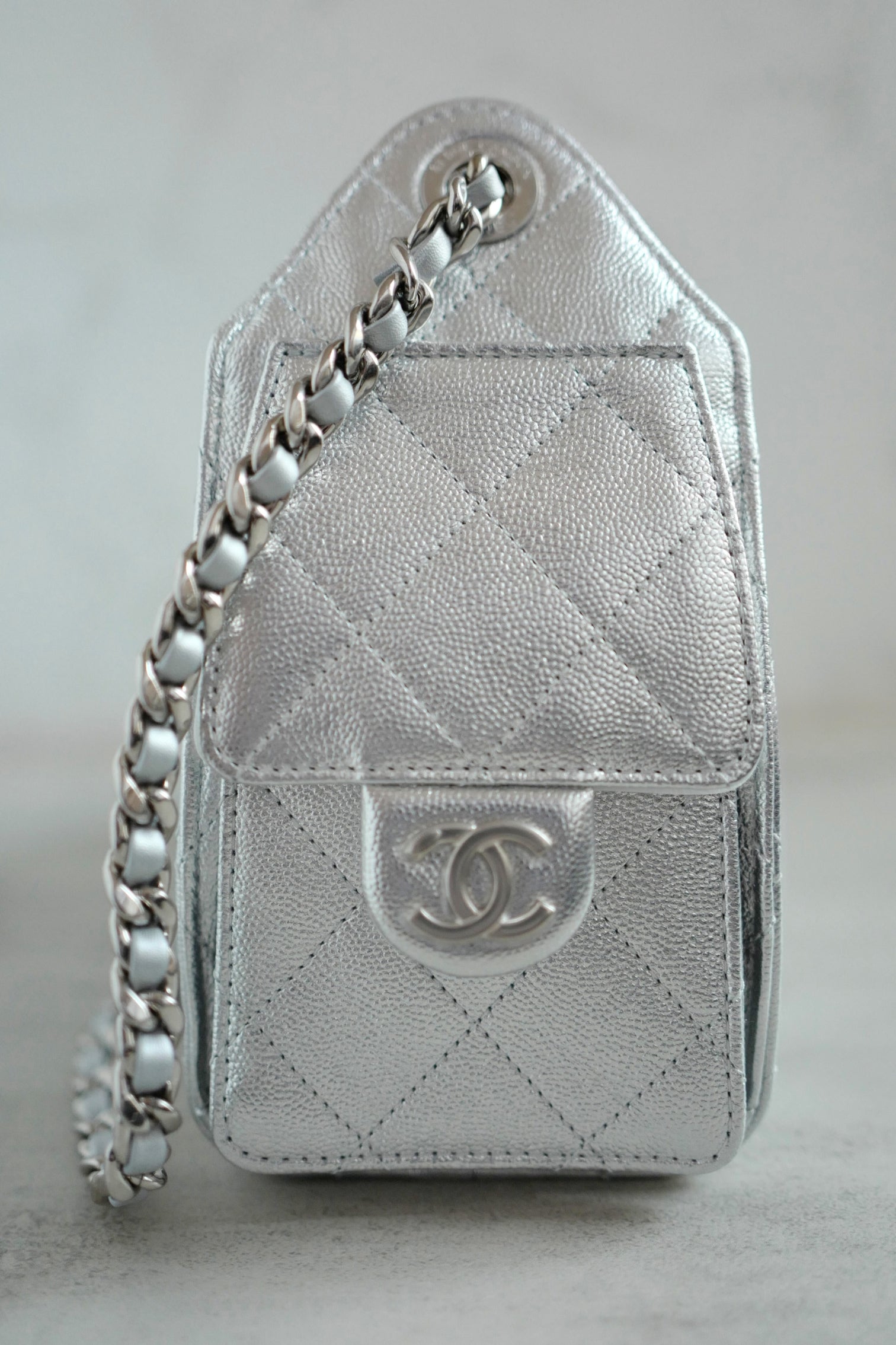 BNIB Chanel 26C Mini Hobo Metallic Silver Grained Calfskin Shoulder Bag