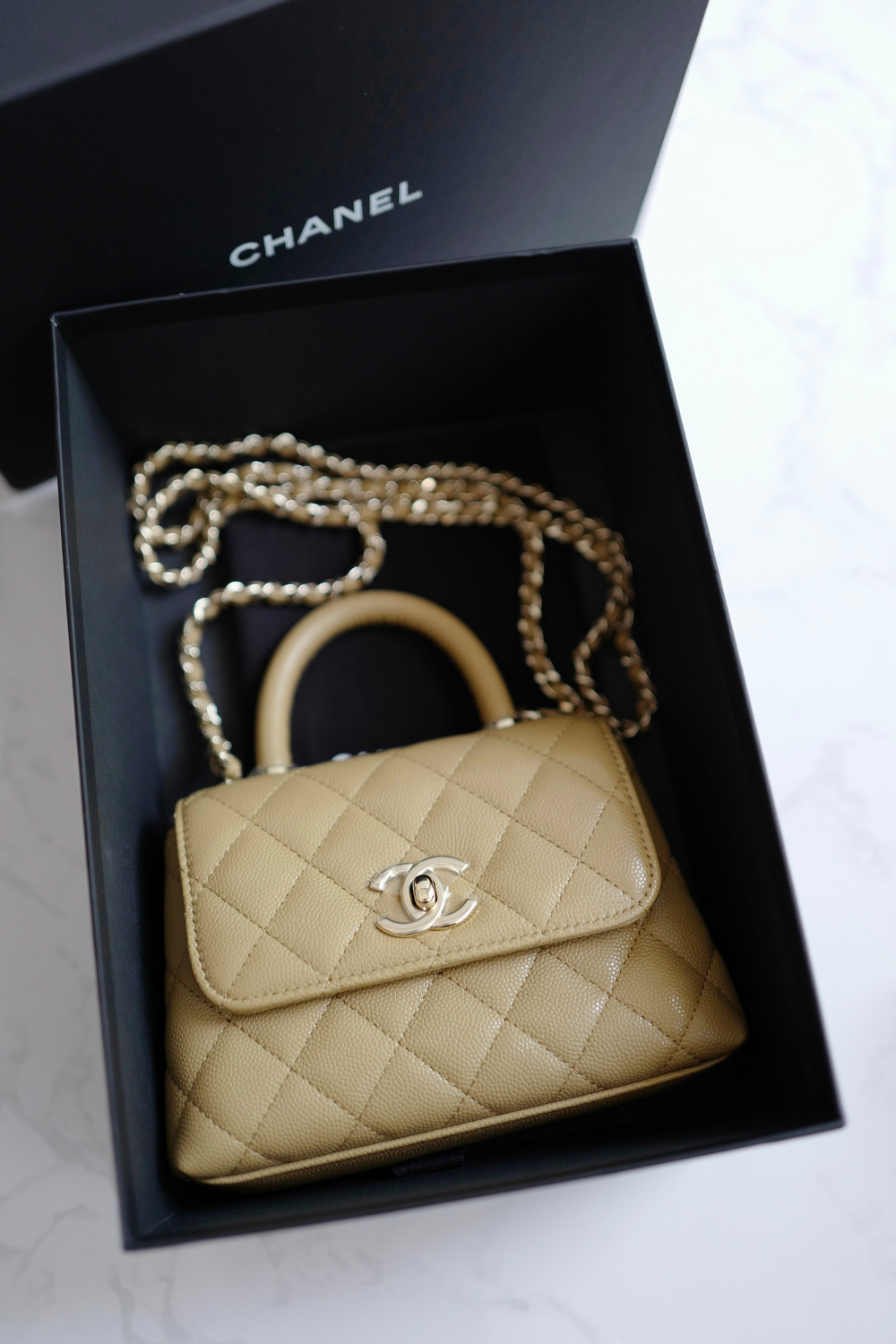 BNIB Chanel 25B Nano Coco Handle Bag – Dark Beige Caviar Leather Champagne Gold Hw