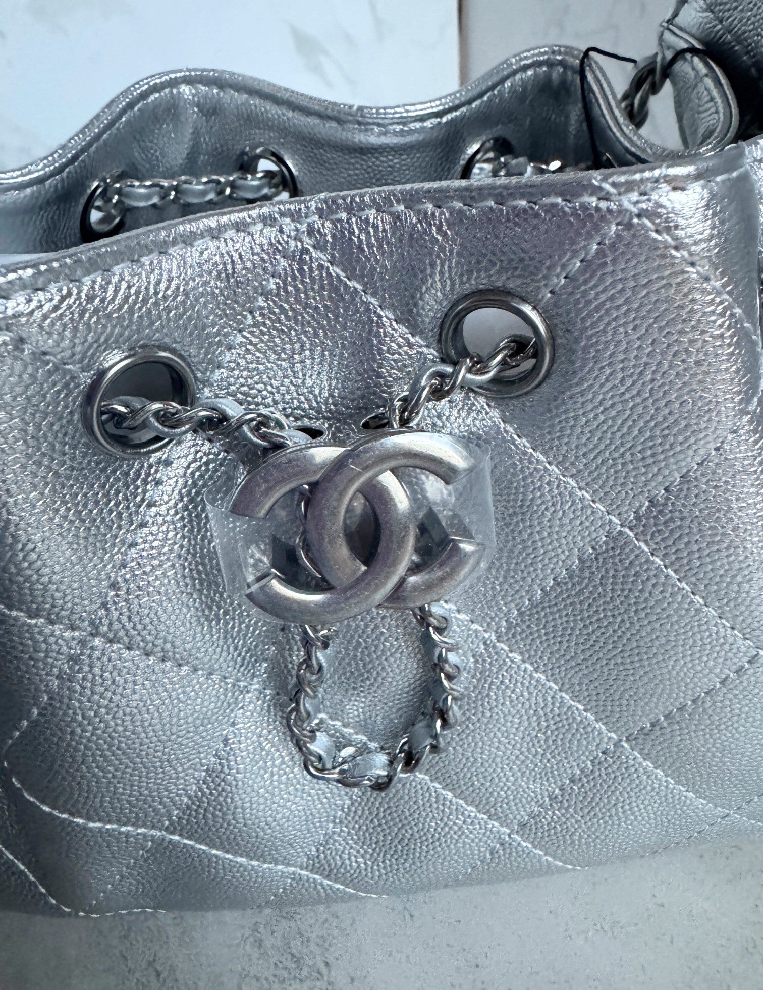 BNIB Chanel 26C Mini Hobo Metallic Silver Grained Calfskin Shoulder Bag