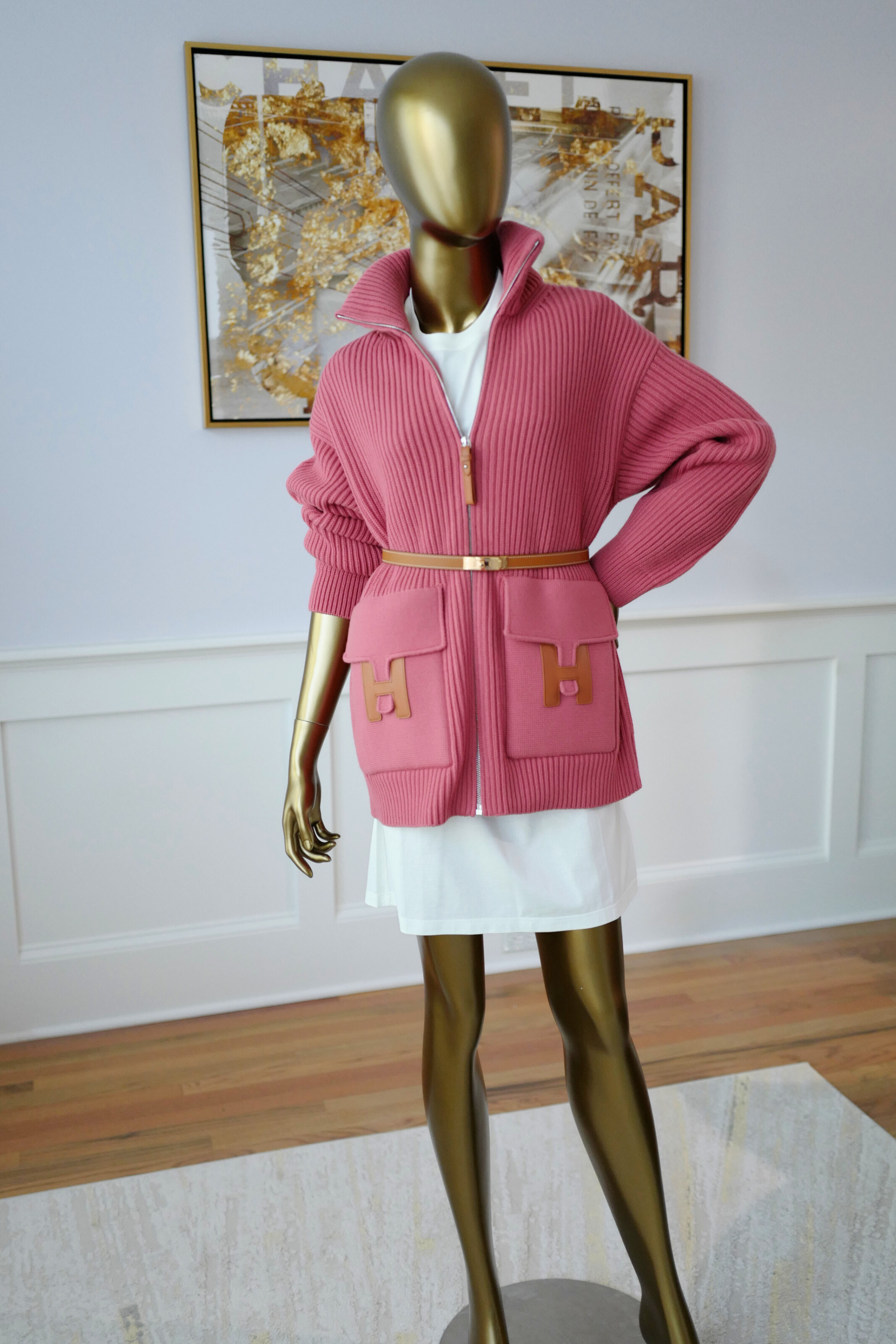 NEW Hermès Blouson Cardigan Jacket Rose Sorbet Wool with H Pockets Size 36