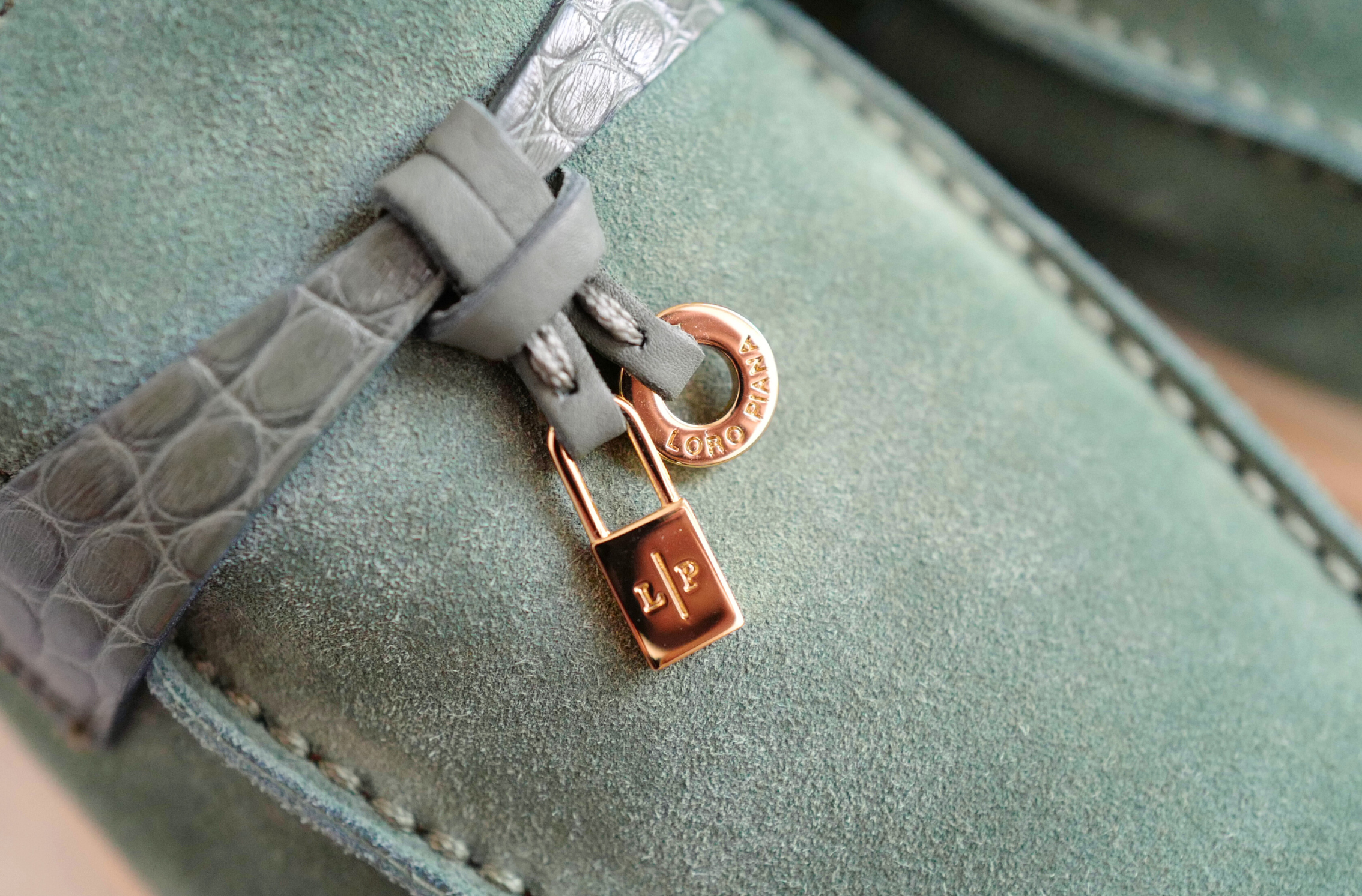 Loro Piana Summer Charms Walk Suede Loafers Green Lagoon Alligator Detail Size 36.5