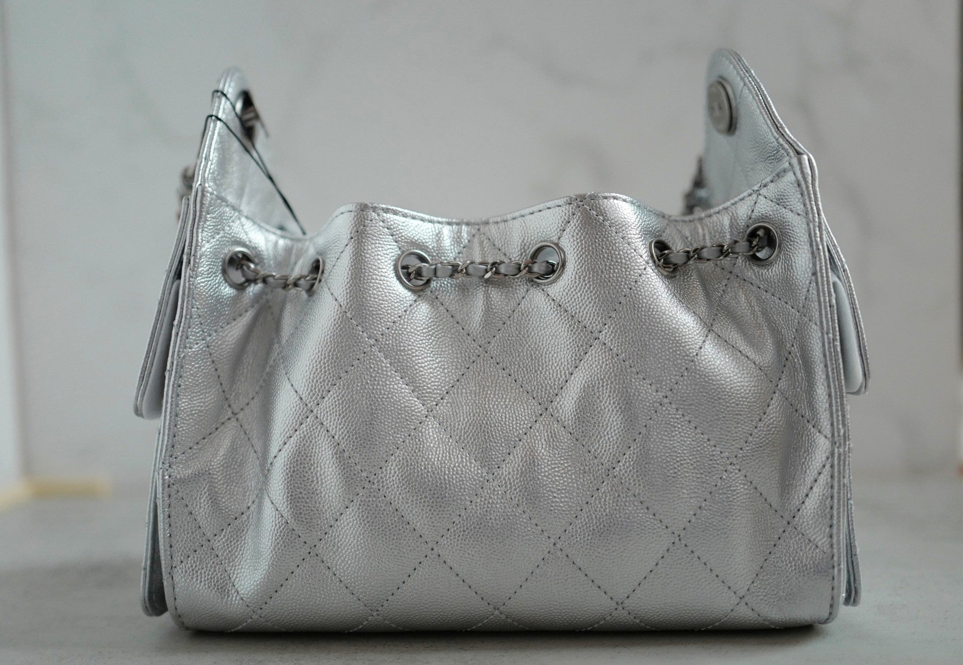 BNIB Chanel 26C Mini Hobo Metallic Silver Grained Calfskin Shoulder Bag