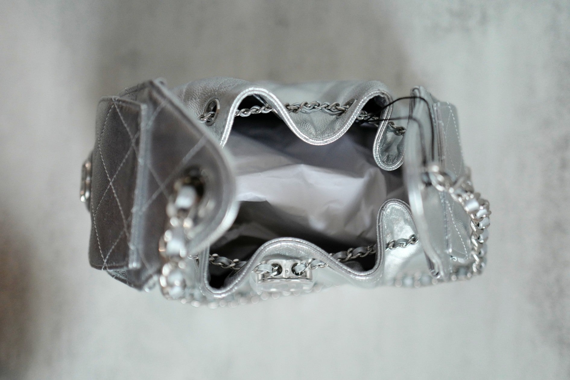 BNIB Chanel 26C Mini Hobo Metallic Silver Grained Calfskin Shoulder Bag