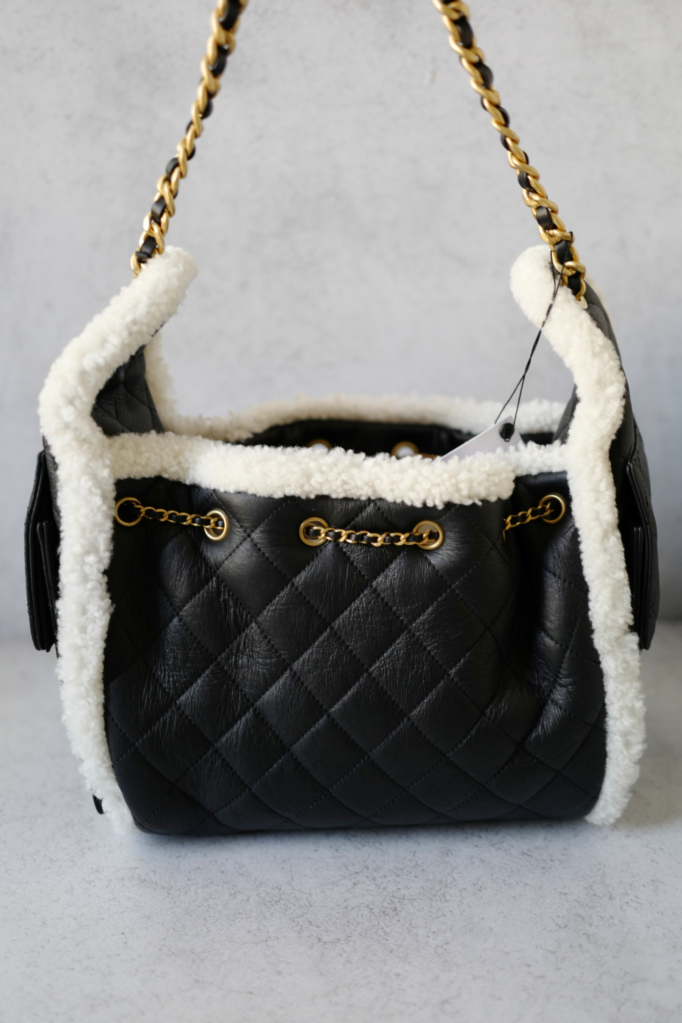 Chanel 25K Small Hobo Bag Black Calfskin with Shearling Trim Gold Hardware