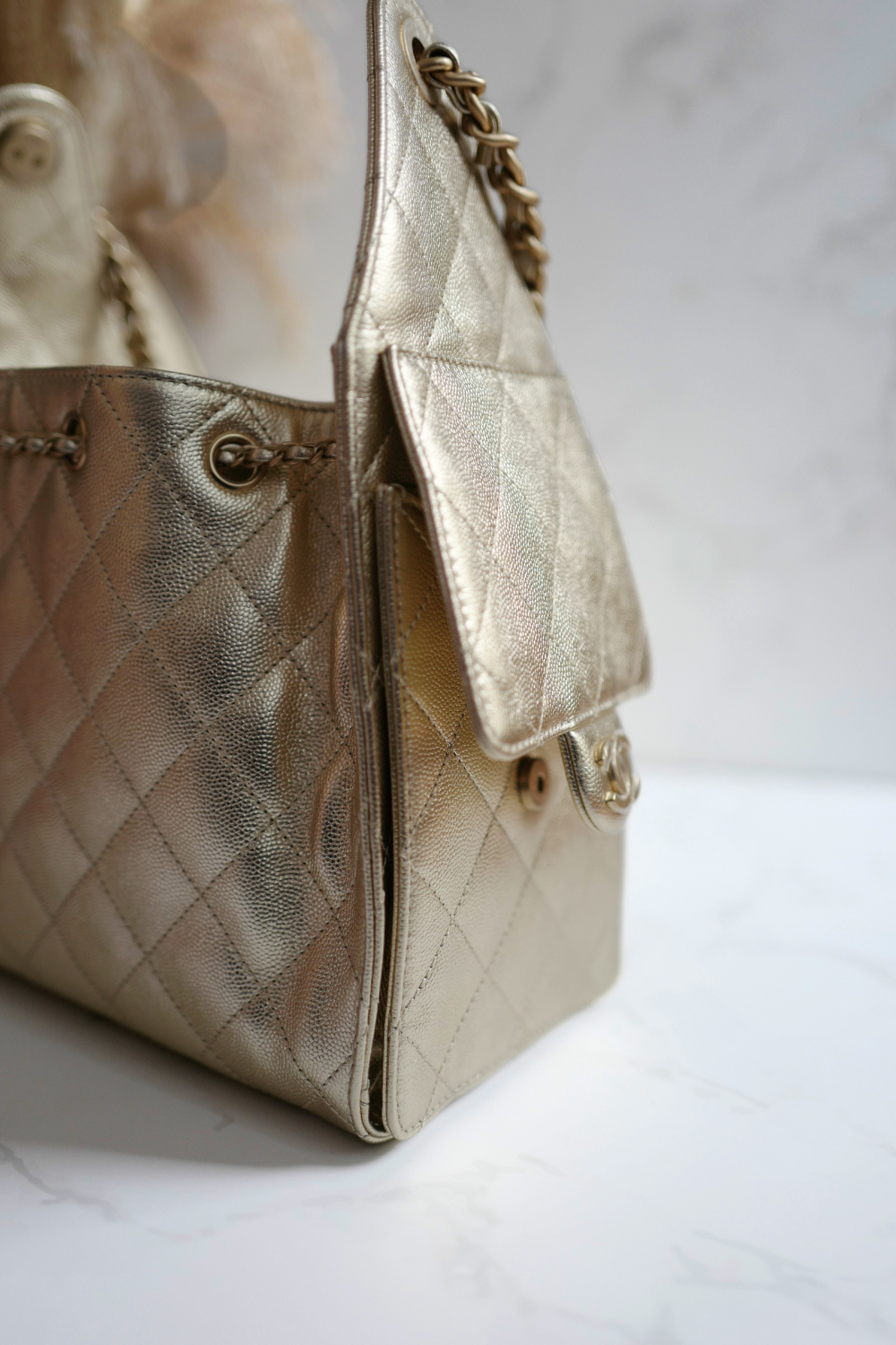NEW CHANEL Spring-Summer 2025 25S Small Hobo Bag Metallic Grained Calfskin Gold