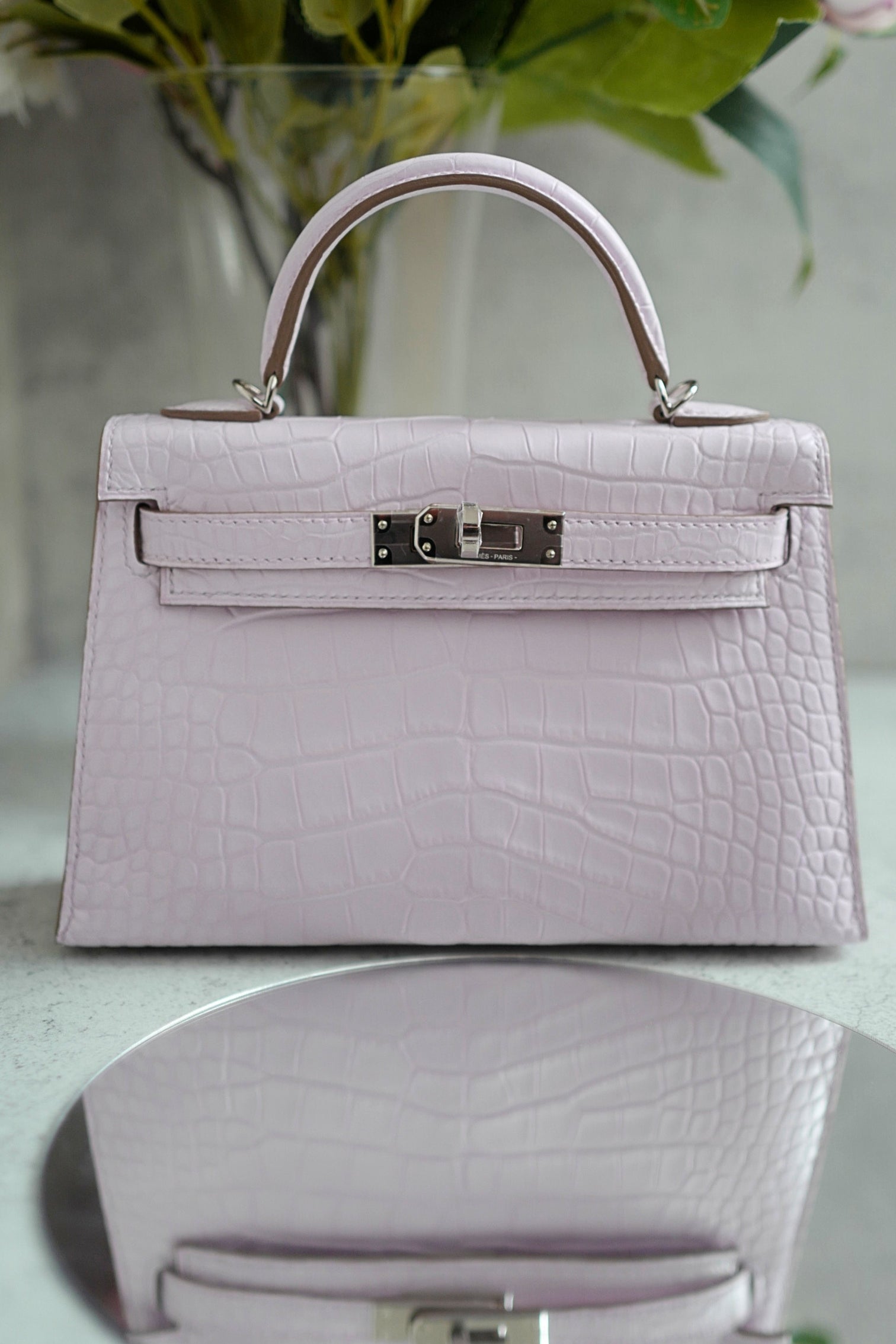 BNIB Hermès Mini Kelly 20 Mauve Pale Matte Alligator Palladium Hardware K Stamp 2025