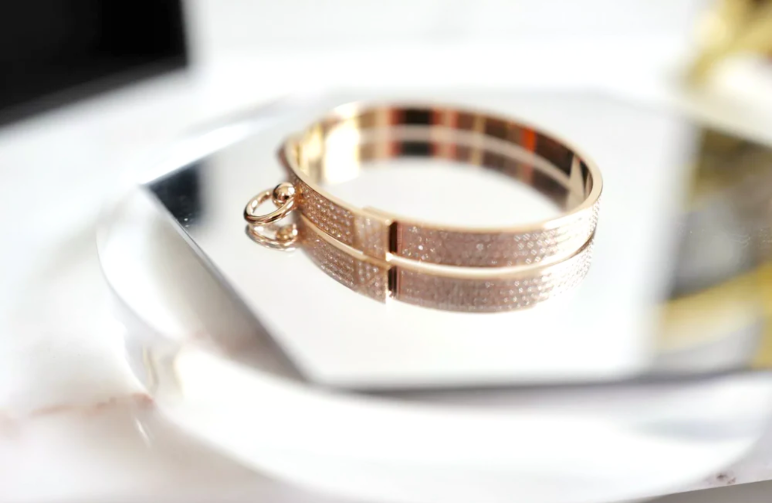 NEW Hermes Collier De Chien Bracelet Rose Gold Full Paved Diamond Small SH $60K