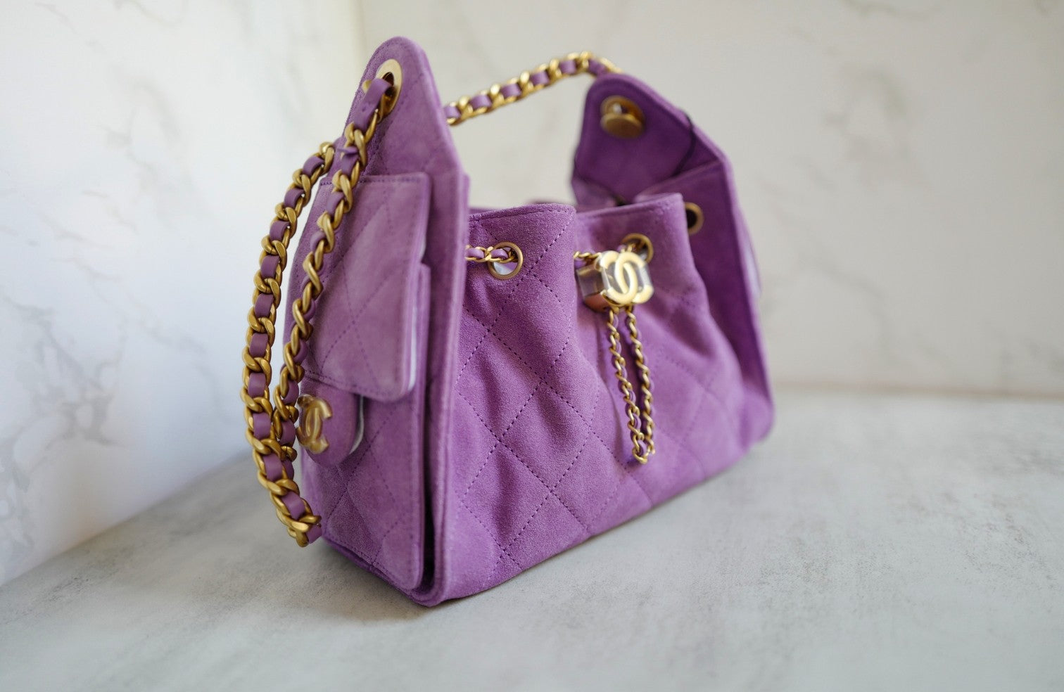 BNIB Chanel 26C Mini Hobo Shoulder Bag in Purple Suede with Gold Hardware
