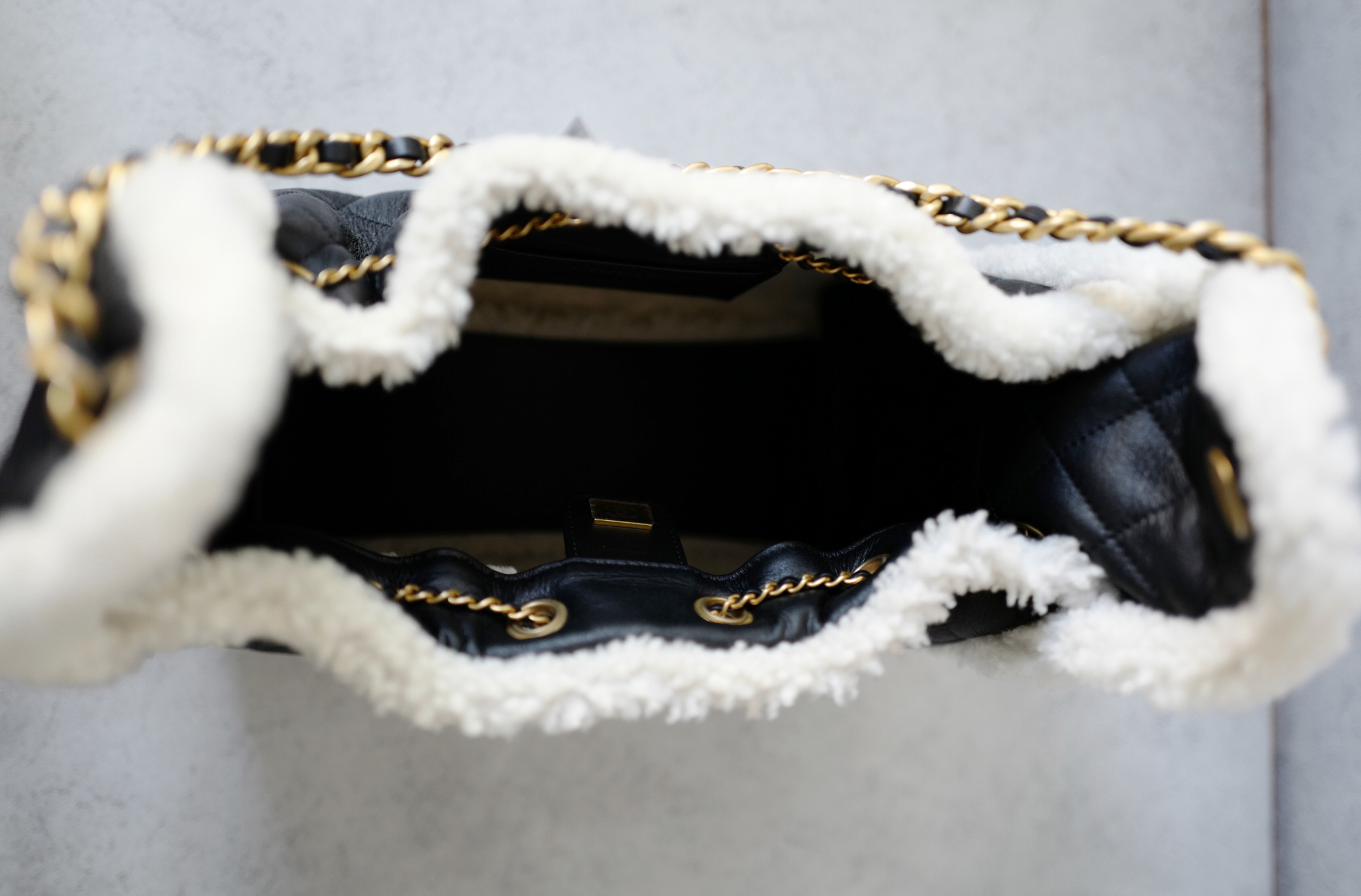 Chanel 25K Small Hobo Bag Black Calfskin with Shearling Trim Gold Hardware