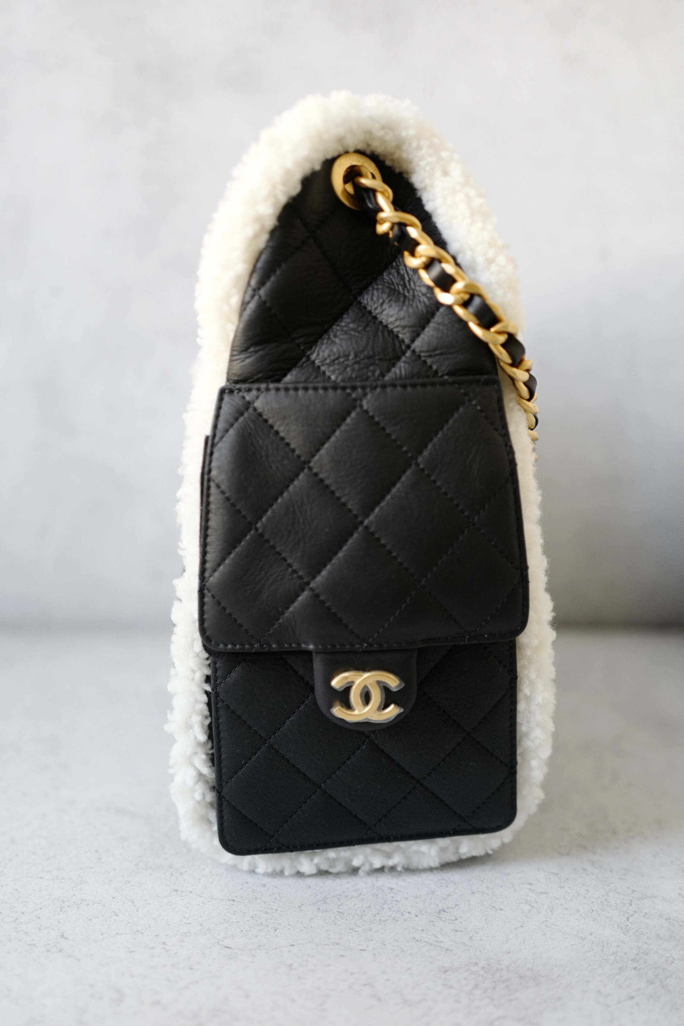 Chanel 25K Small Hobo Bag Black Calfskin with Shearling Trim Gold Hardware