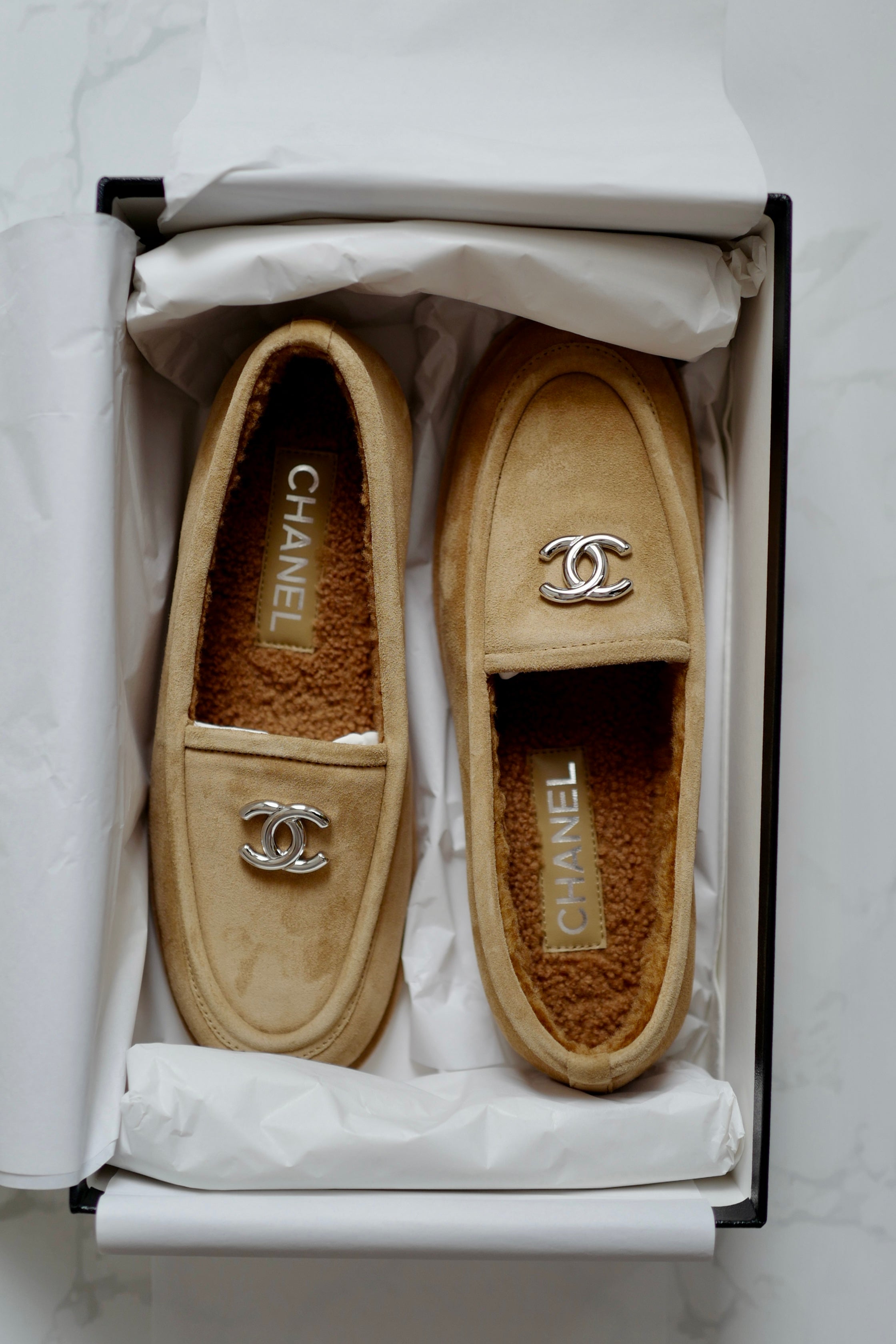 CHANEL 24K Shearling Lined Suede Calfskin CC Loafers