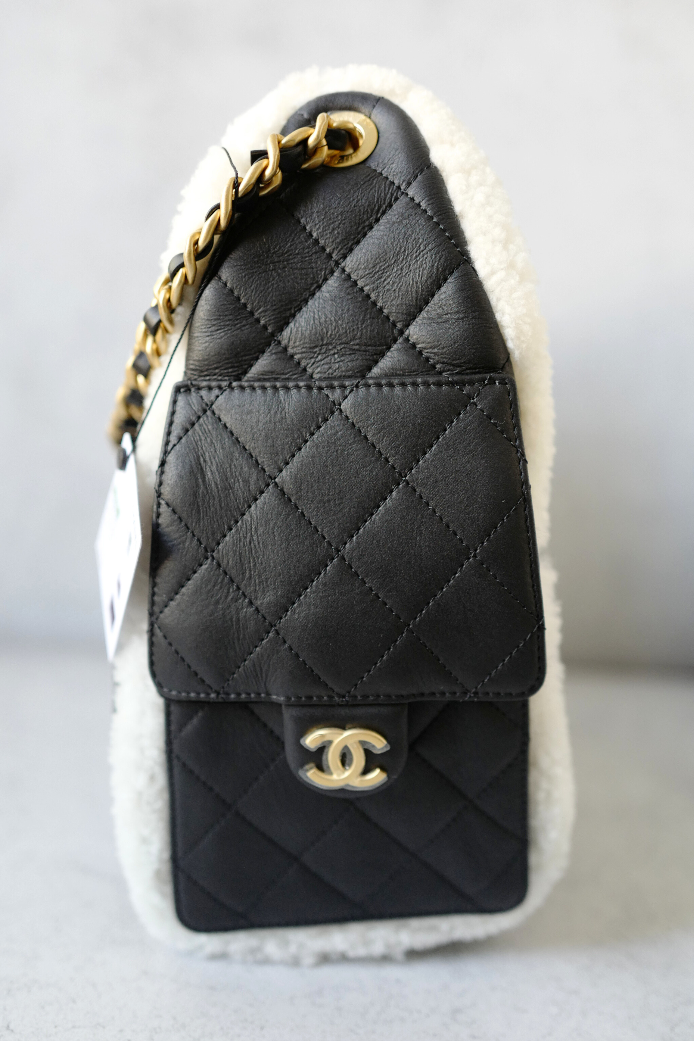 Chanel 25K Small Hobo Bag Black Calfskin with Shearling Trim Gold Hardware