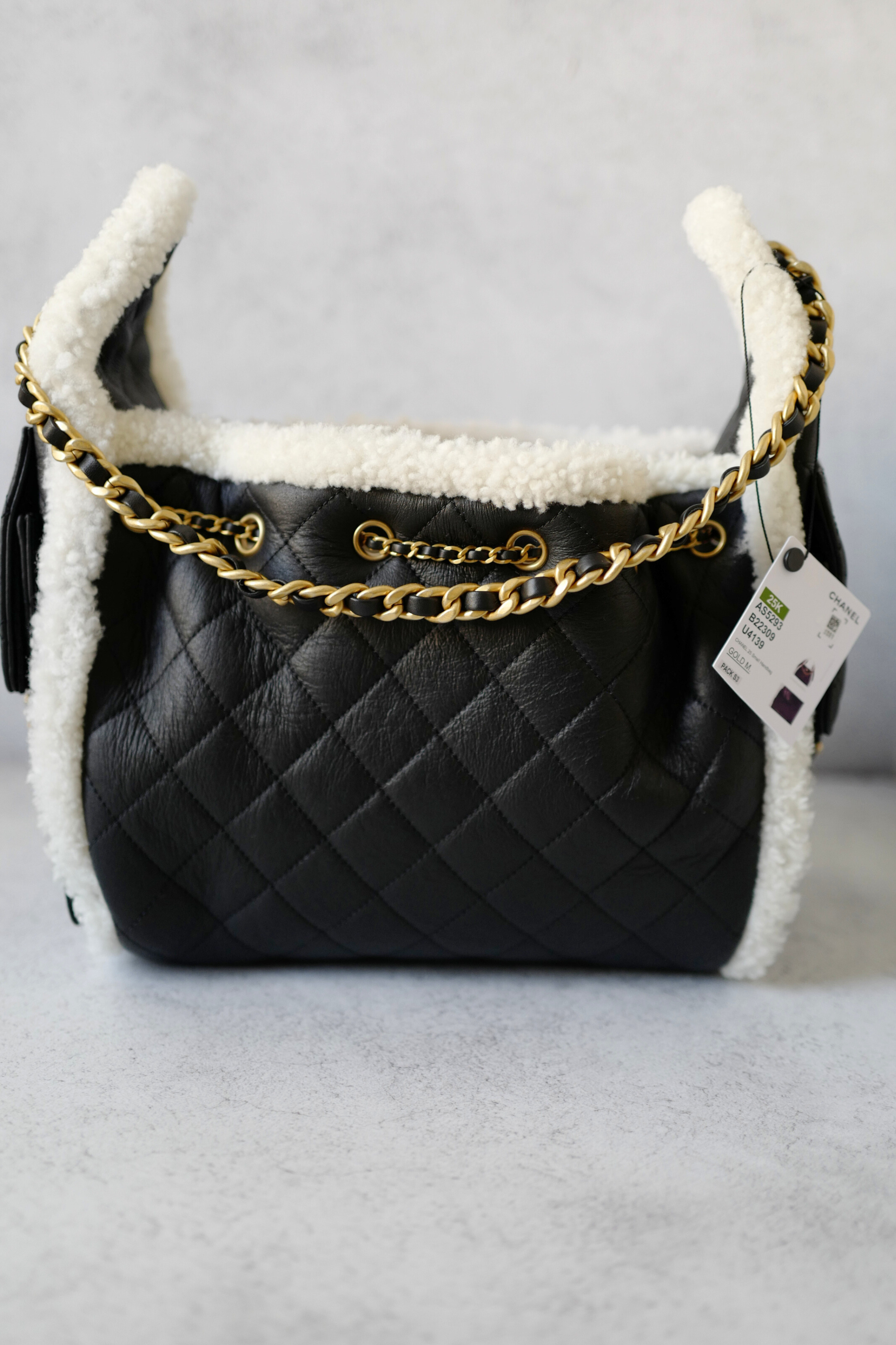 Chanel 25K Small Hobo Bag Black Calfskin with Shearling Trim Gold Hardware