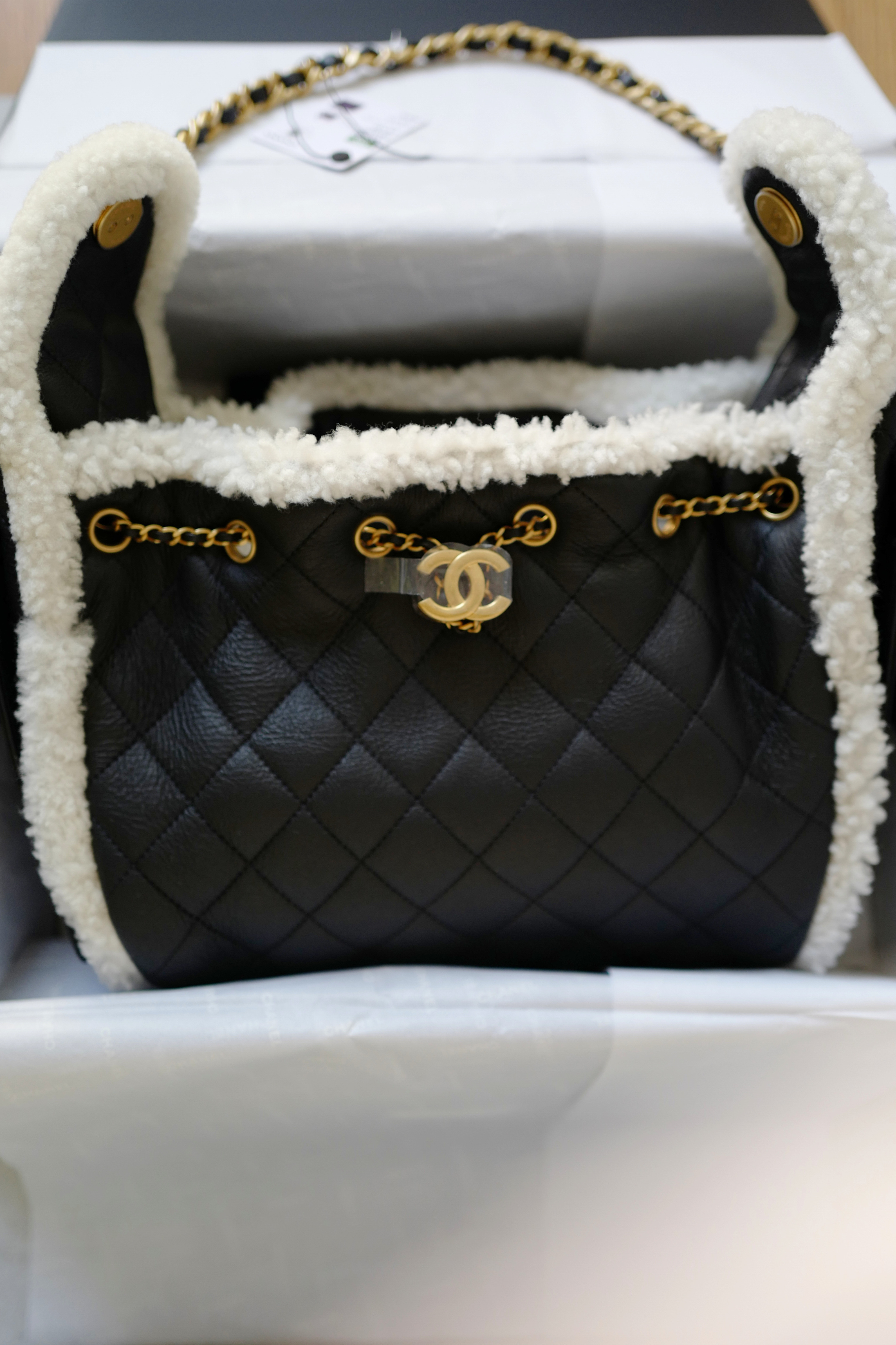Chanel 25K Small Hobo Bag Black Calfskin with Shearling Trim Gold Hardware