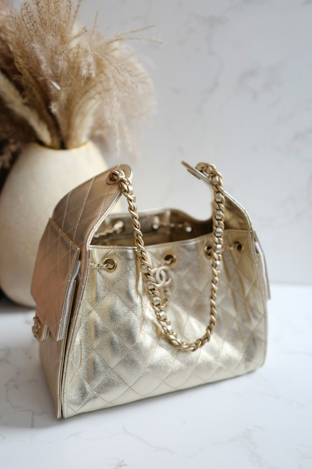 NEW CHANEL Spring-Summer 2025 25S Small Hobo Bag Metallic Grained Calfskin Gold