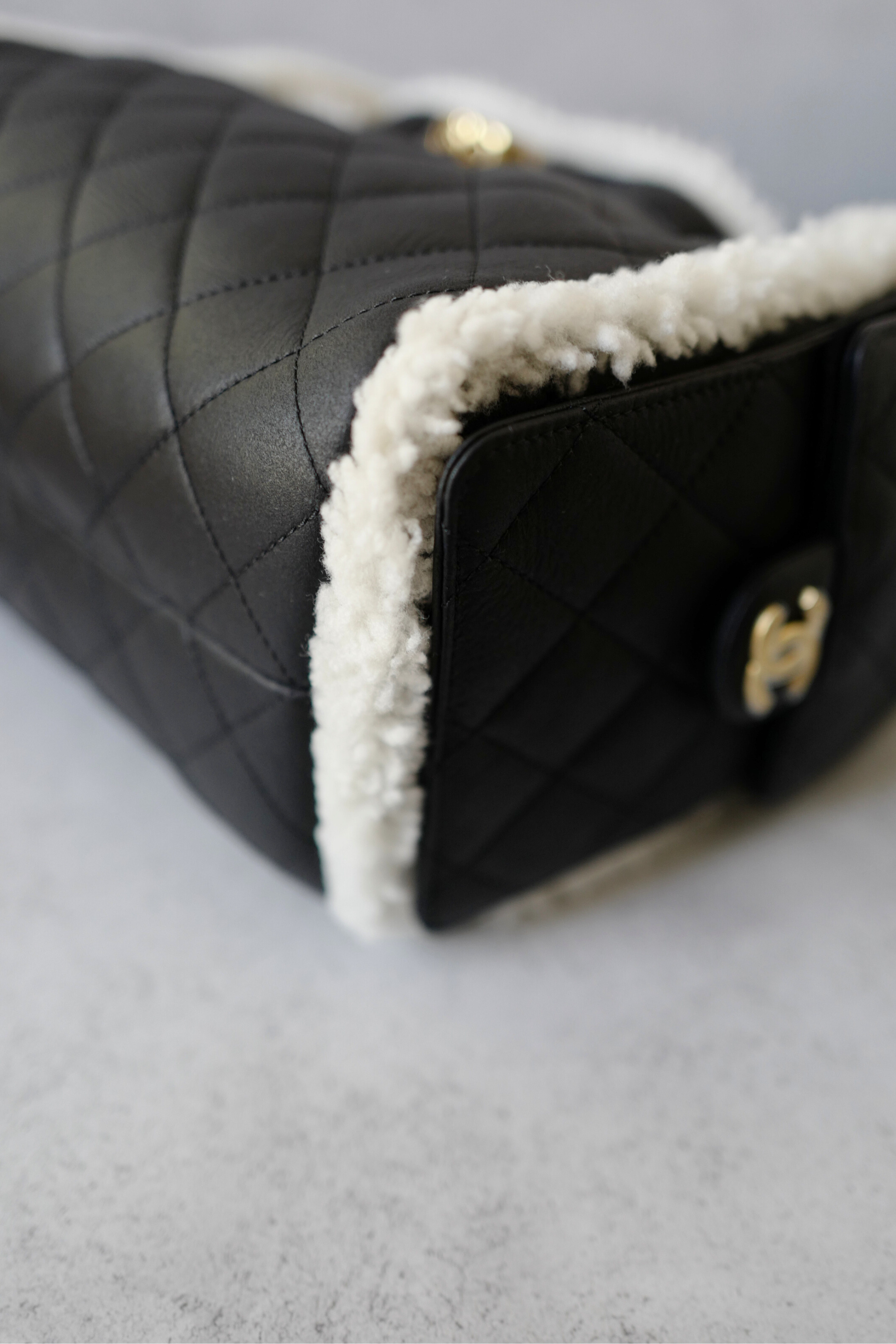 Chanel 25K Small Hobo Bag Black Calfskin with Shearling Trim Gold Hardware