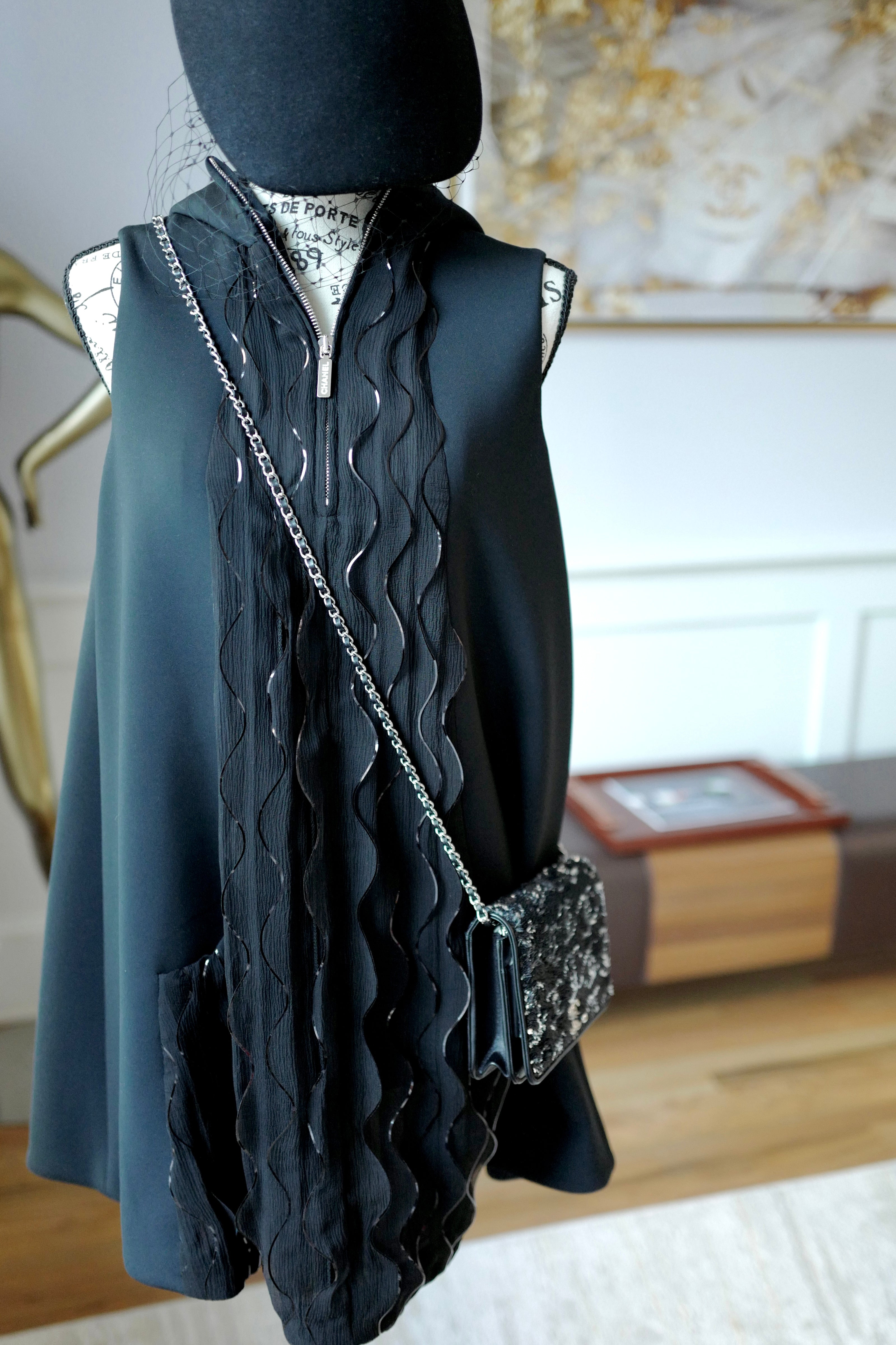 NEW Chanel 25S Dress in Black Shimmery Pleated with Hoodie size 36