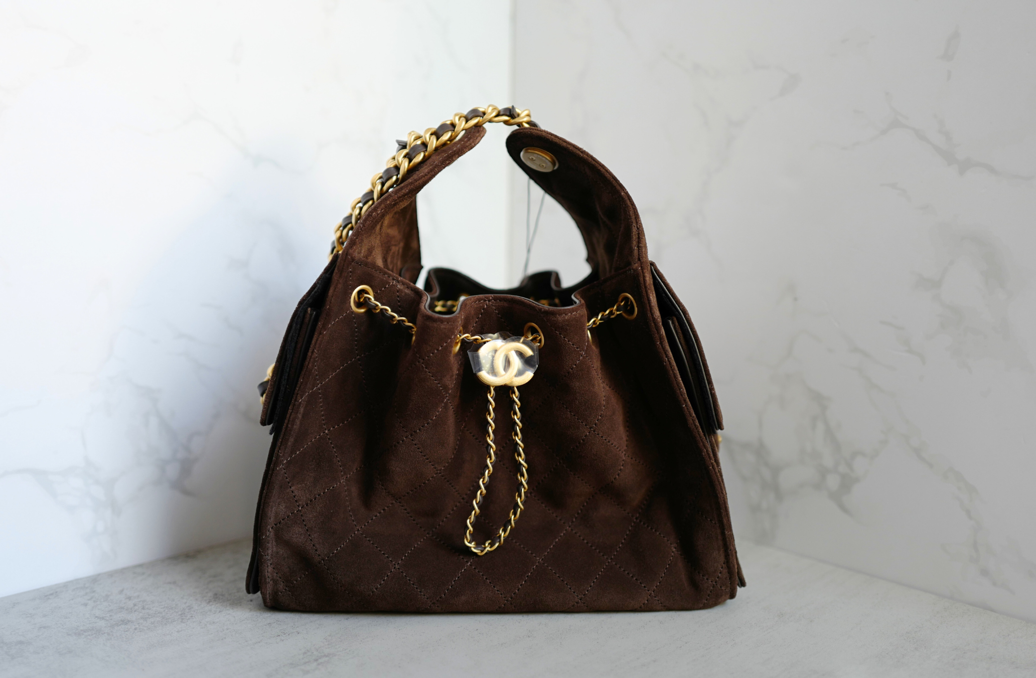 Chanel 25K Small Hobo Bag Dark Brown Suede with Gold Hardware