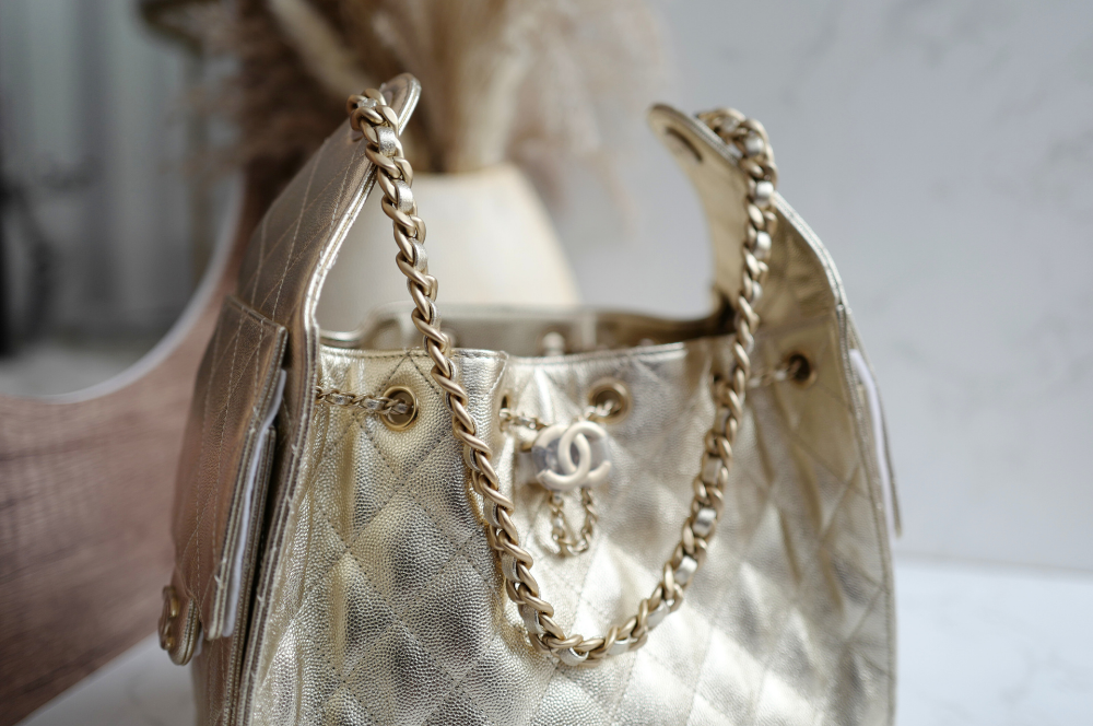 NEW CHANEL Spring-Summer 2025 25S Small Hobo Bag Metallic Grained Calfskin Gold