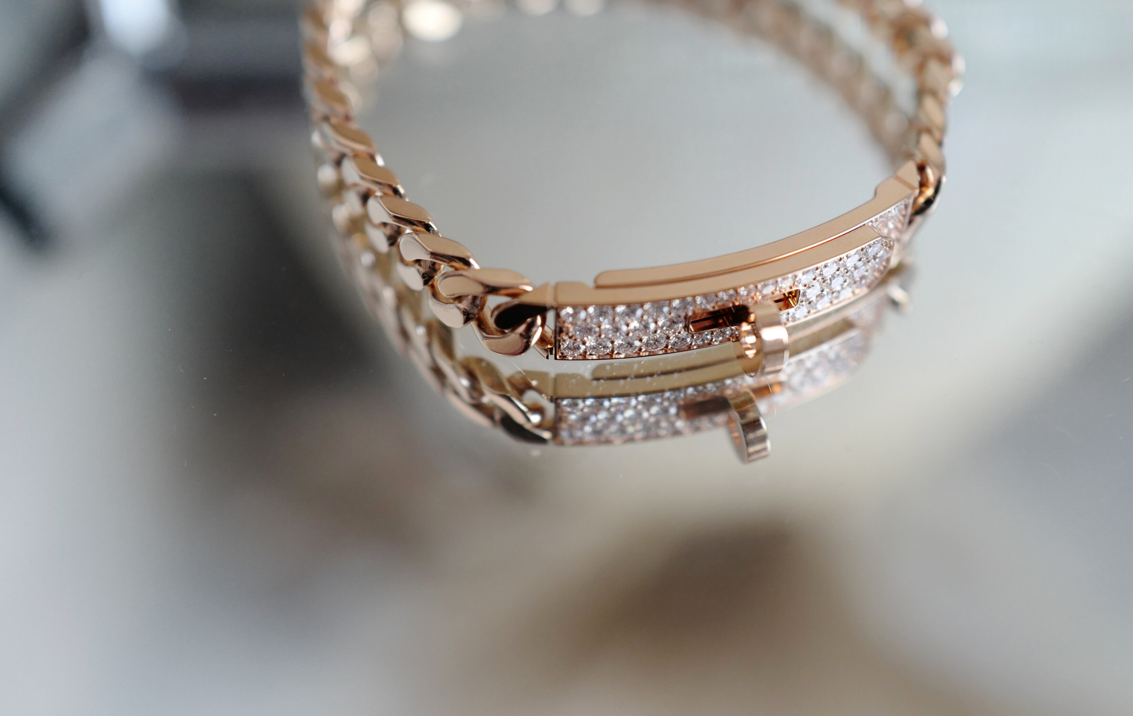 Hermes Kelly Gourmette Bracelet Rose Gold 750 Diamond 0.90ct ST