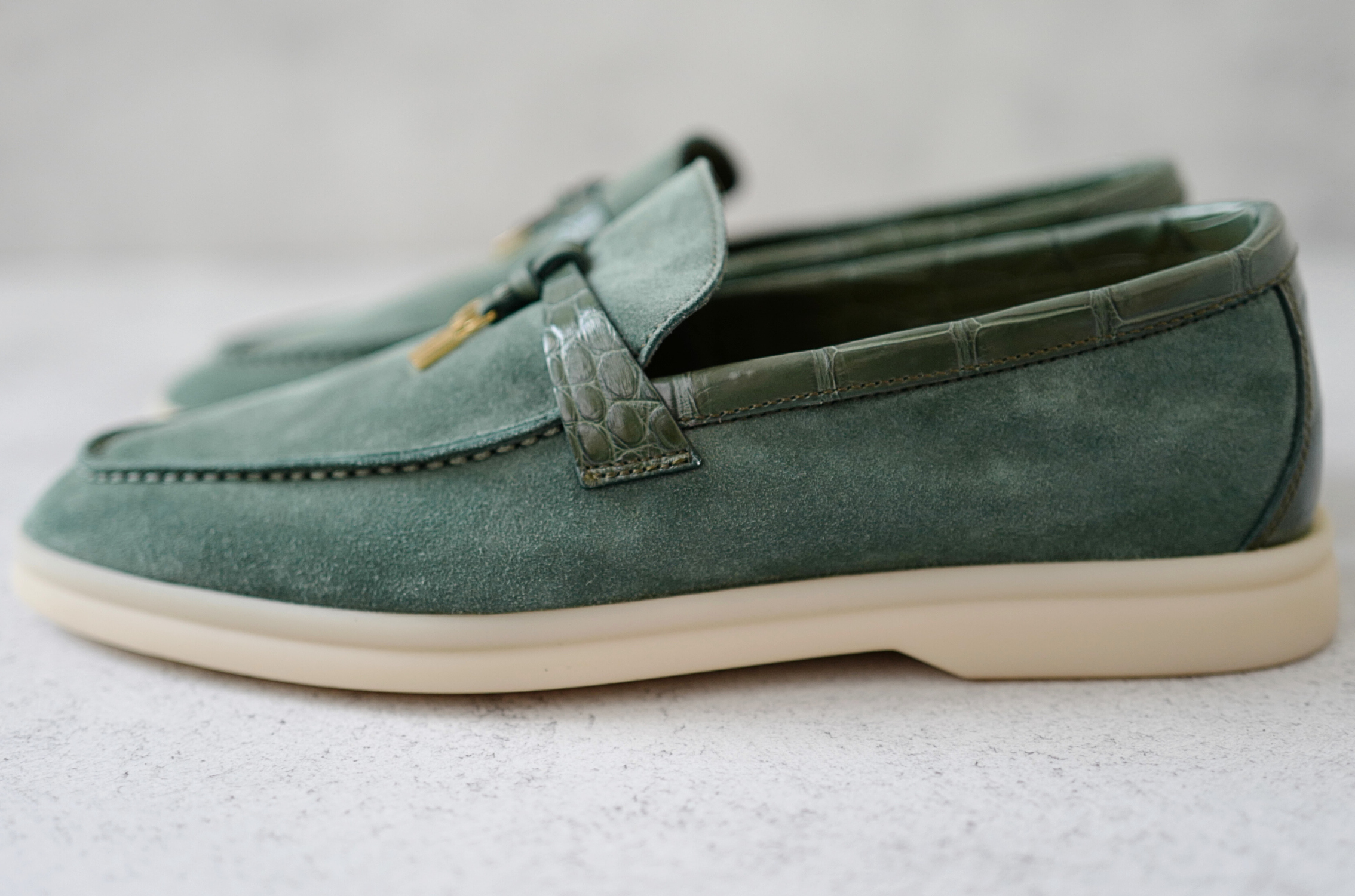 Loro Piana Summer Charms Walk Suede Loafers Green Lagoon Alligator Detail Size 36.5
