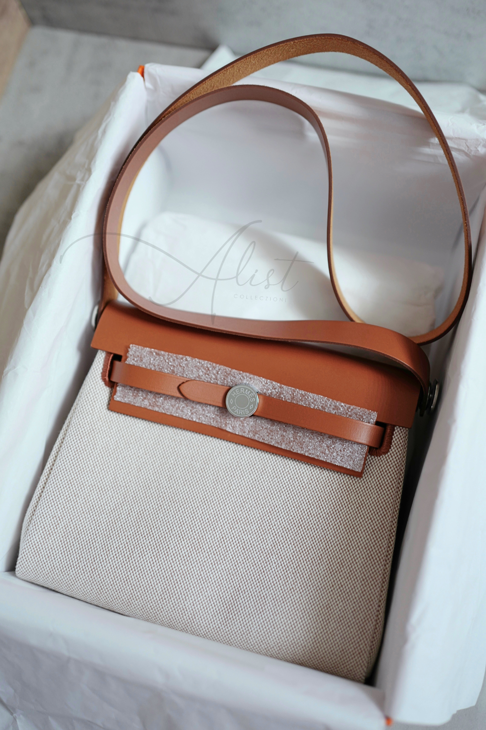 BNIB Hermes Mini Herbag Fauve/Ecru with Palladium Hardware