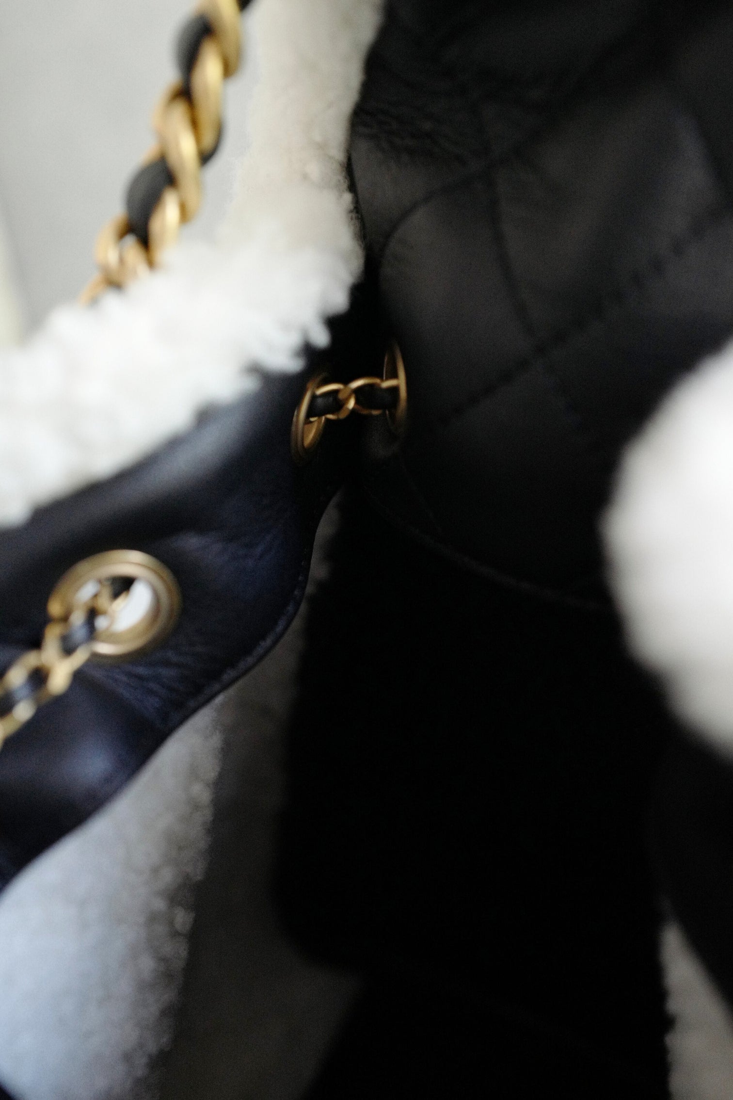 Chanel 25K Small Hobo Bag Black Calfskin with White Shearling Trim Gold Hardware