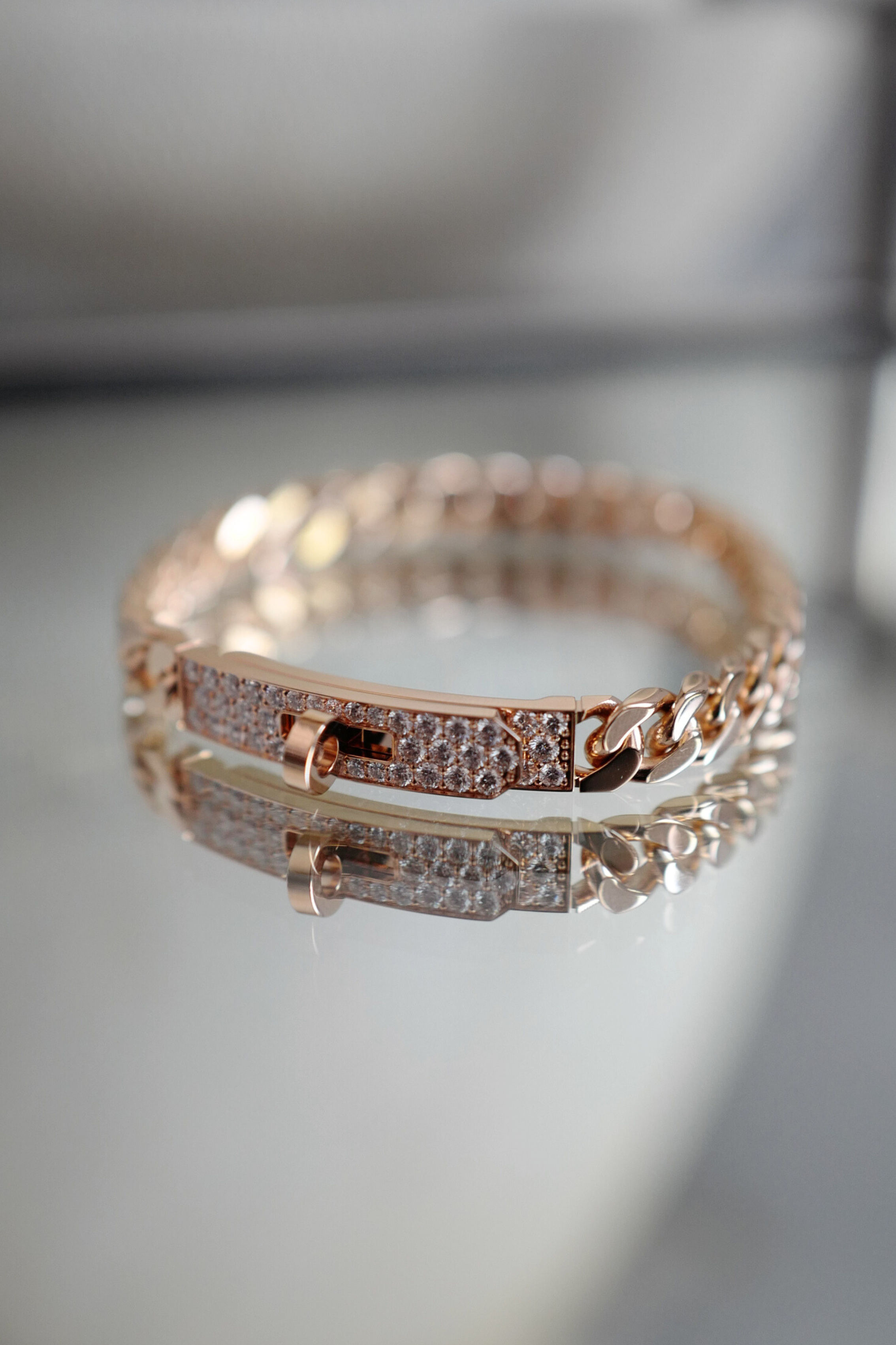 Hermes Kelly Gourmette Bracelet Rose Gold 750 Diamond 0.90ct ST