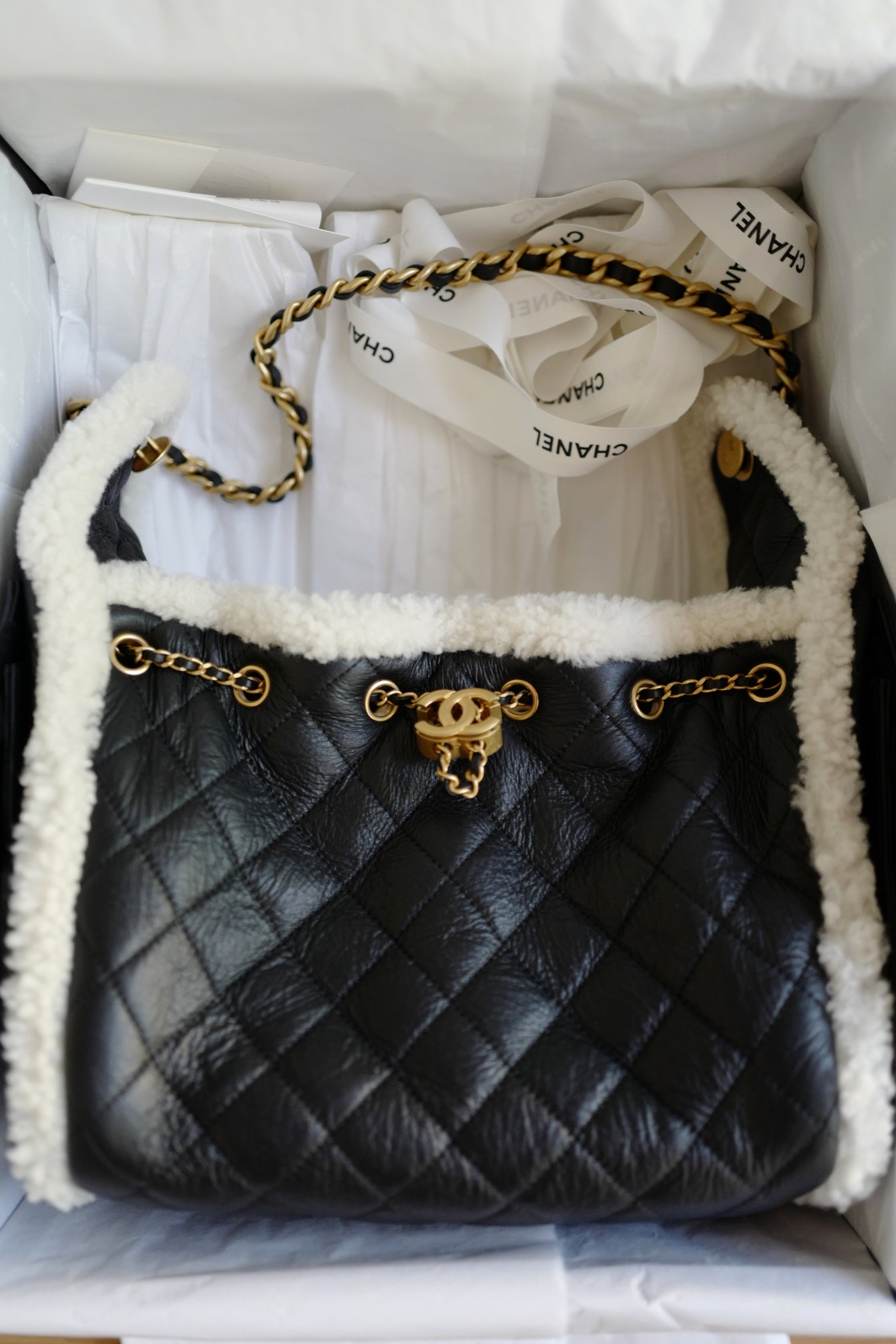 Chanel 25K Small Hobo Bag Black Calfskin with White Shearling Trim Gold Hardware
