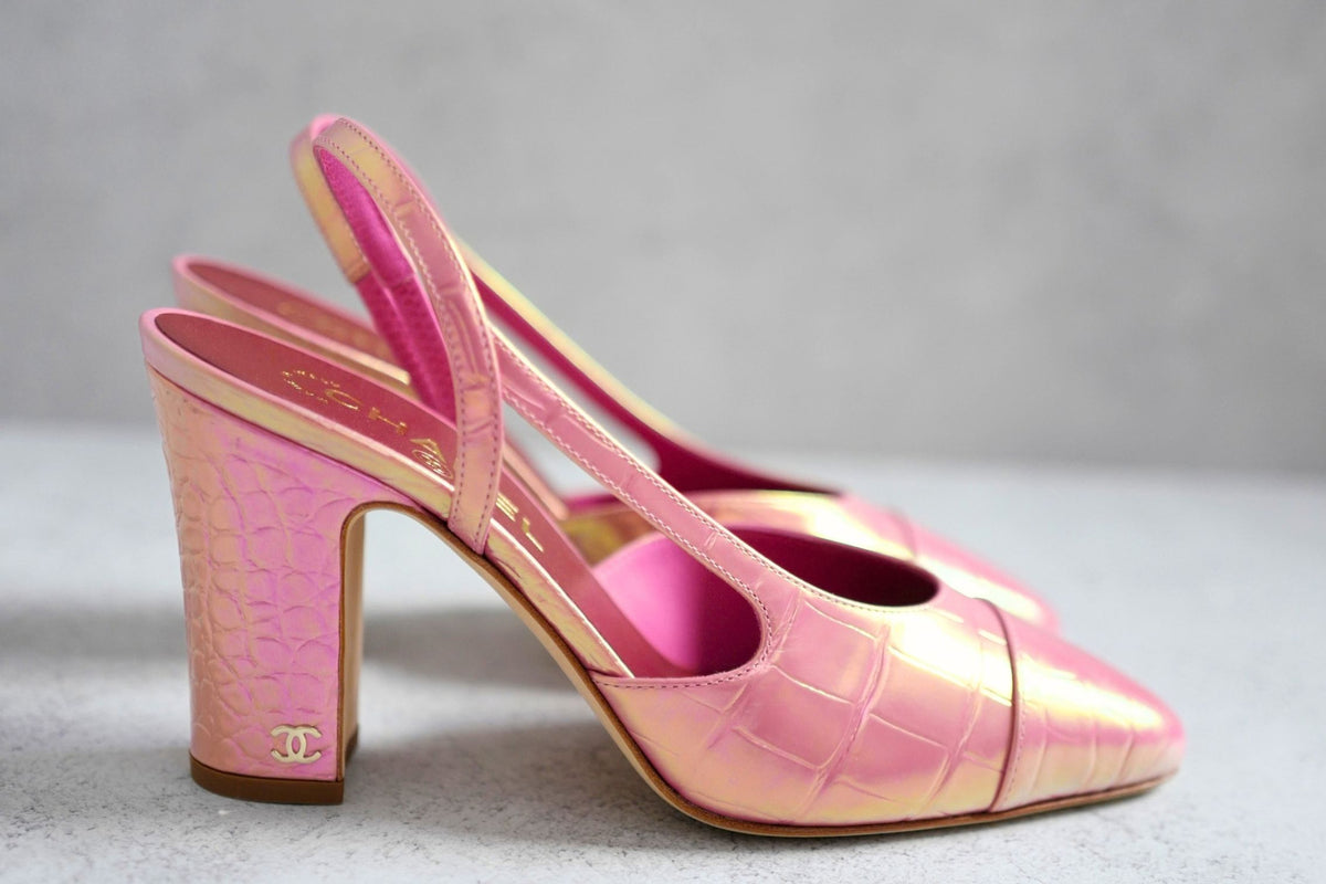 Chanel 26K Matthieu Blazy's Sling Backs Croc Embossed Calfskin Pink Size 38