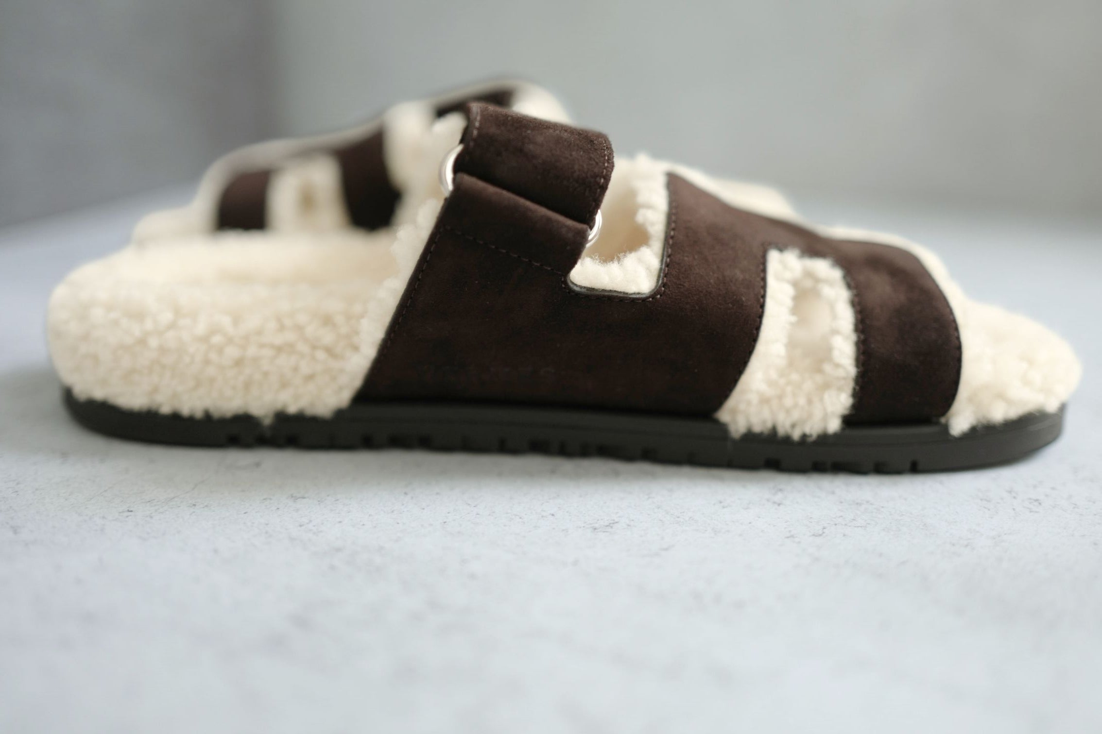 BNIB HERMÈS Chypre Sandals Goat Skin Suede Marron Ébène/Écru Size 38
