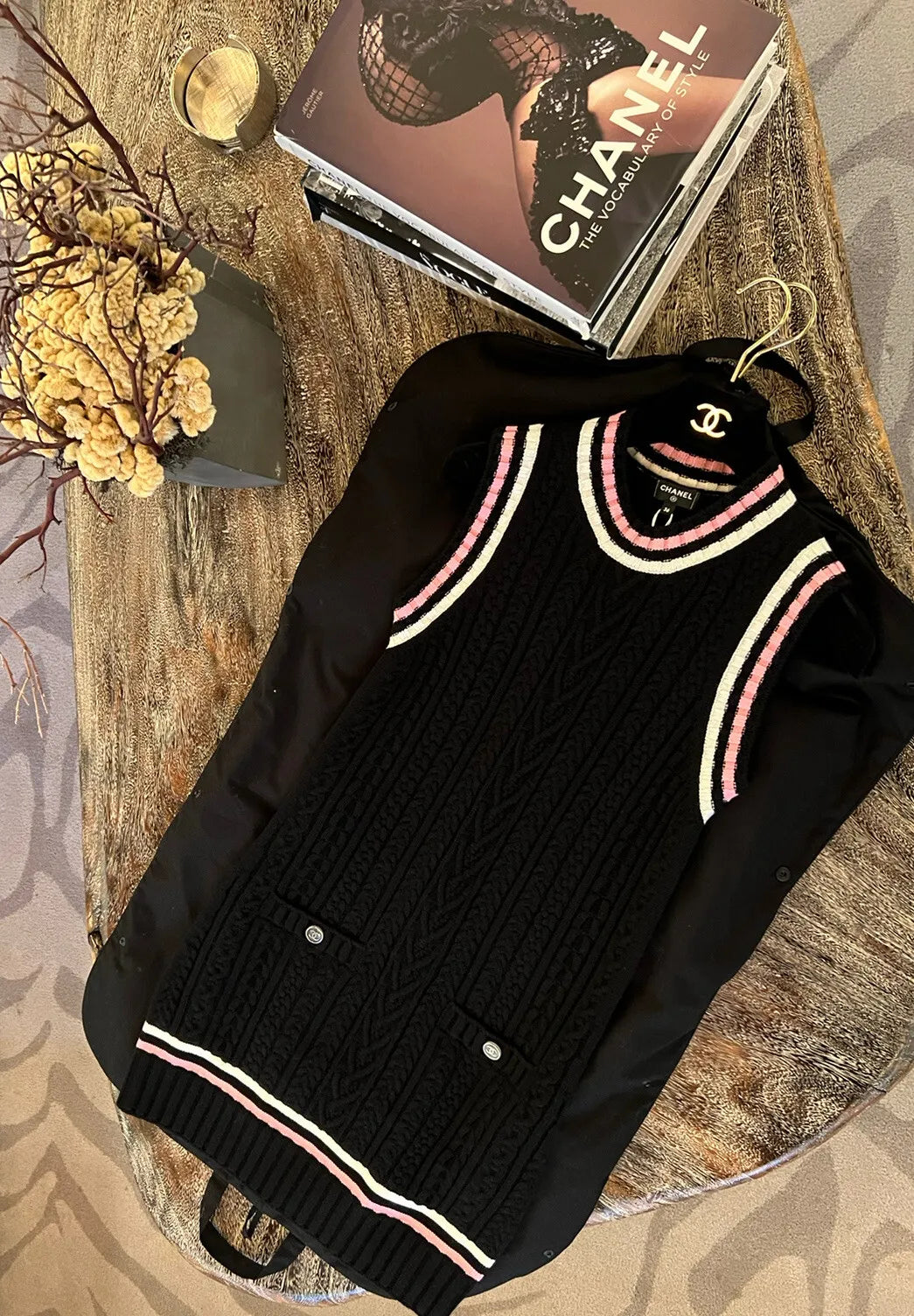 Chanel 23P RTW Tennis Knit Dress in Black, Pink and Ecru Strip Details 36