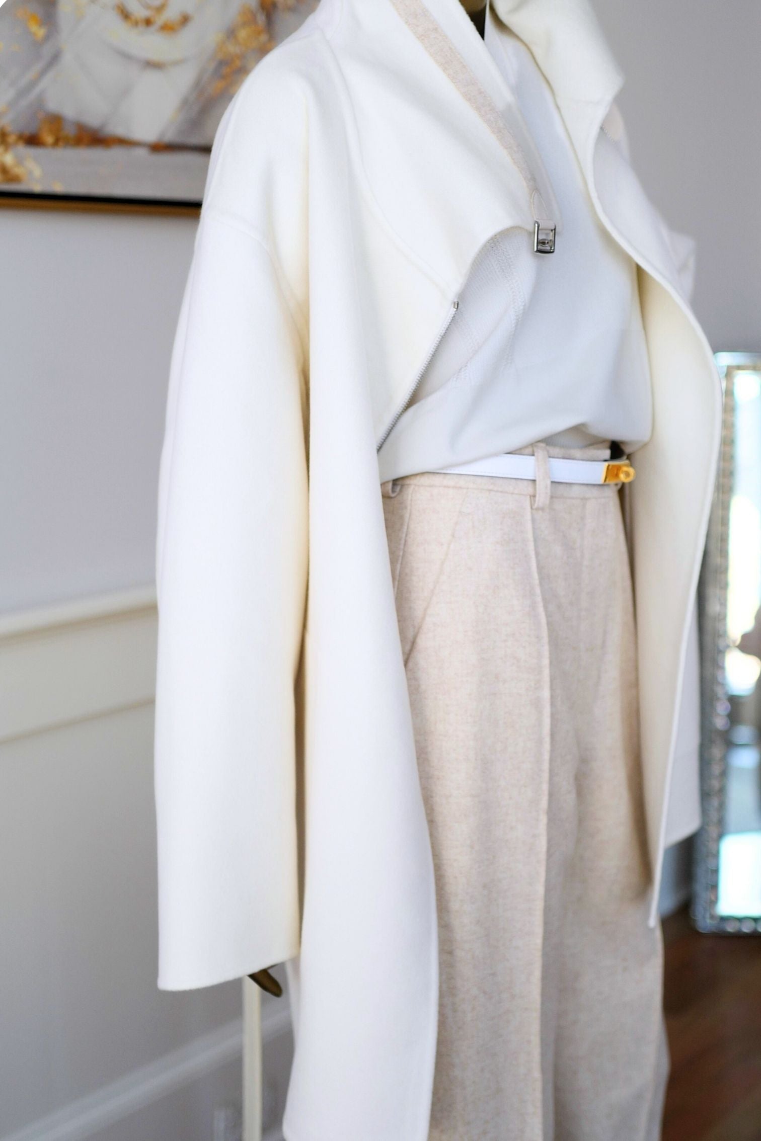 Hermès Double-Face Cashmere Coat with Felt & Leather Details in Natural White Size 34