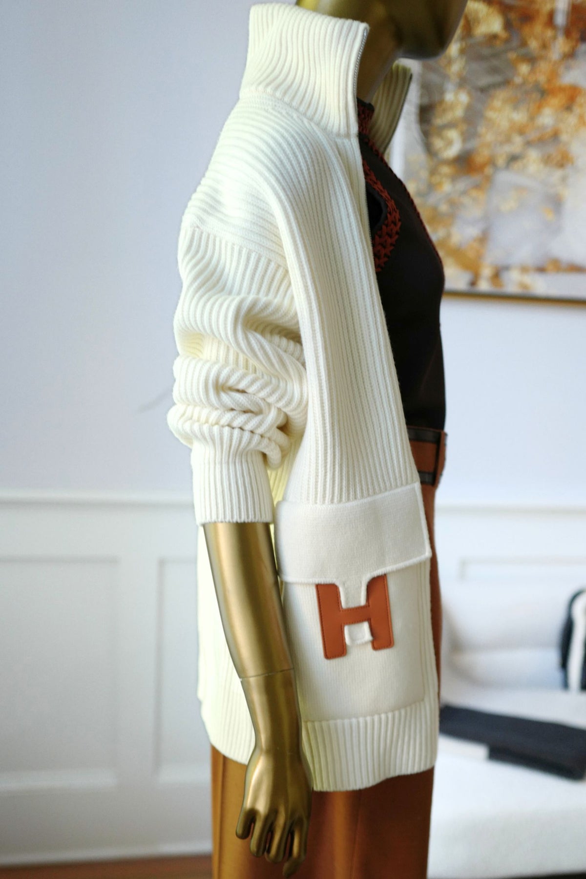 NEW Hermes Blouson Cardigan Wool Knit Blanc Naturel Size 34
