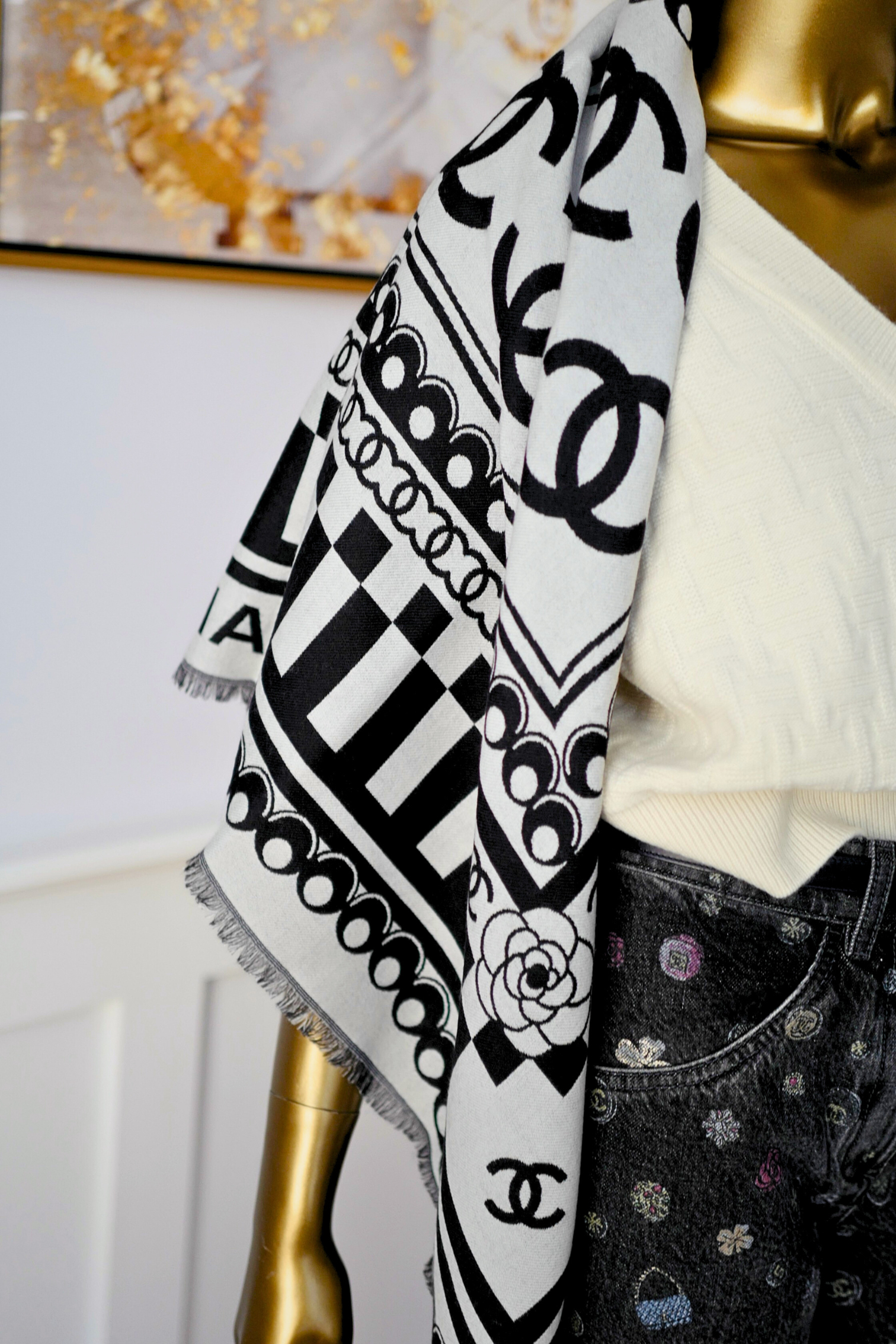 CHANEL 26C Black White Checkered Double CC Scarf Shawl