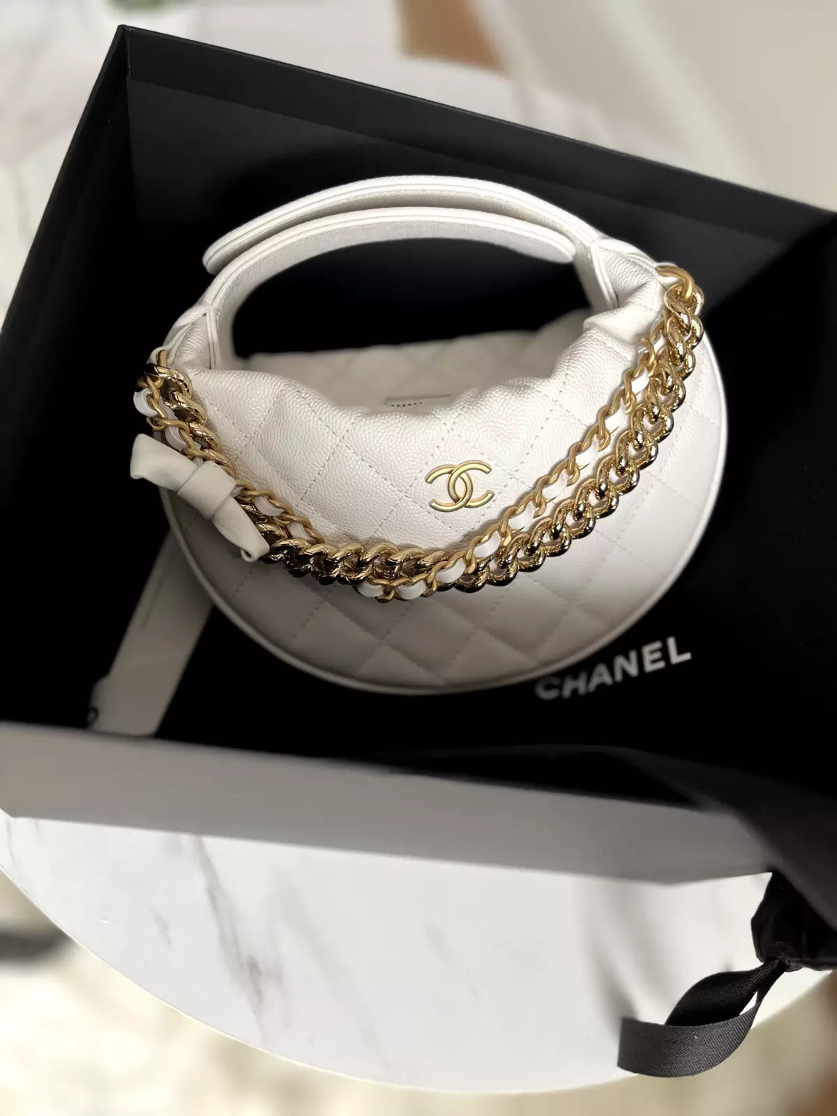 Chanel 24S White Calfskin Pouch on Gold Chain