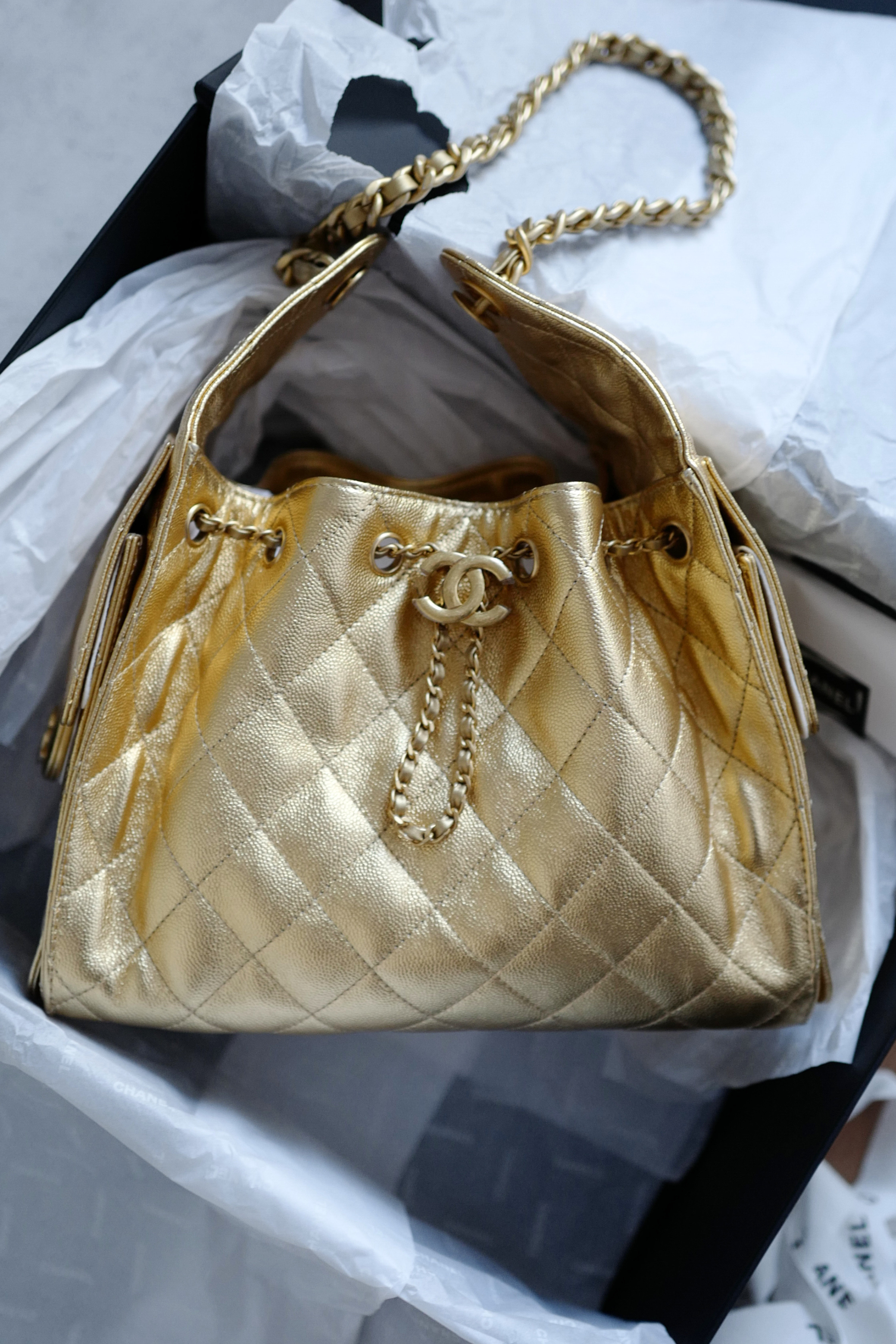 BNIB Chanel 26C Small Hobo Gold Metallic Grained Calfskin with Gold Hardware