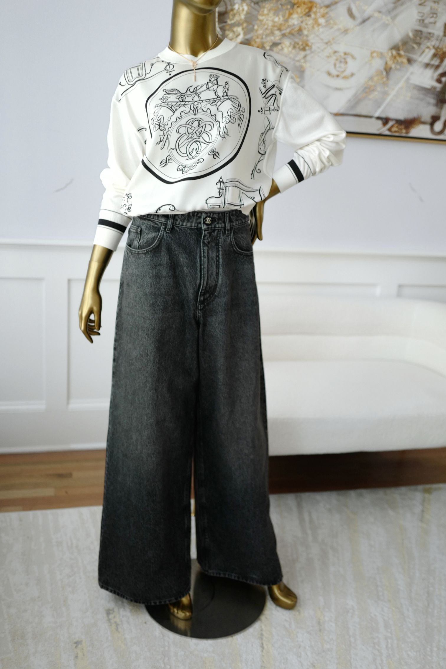 Hermès "Ex-Libris A Main Levee" Twillaine Sweater Blanc Nacre Silk Size 36