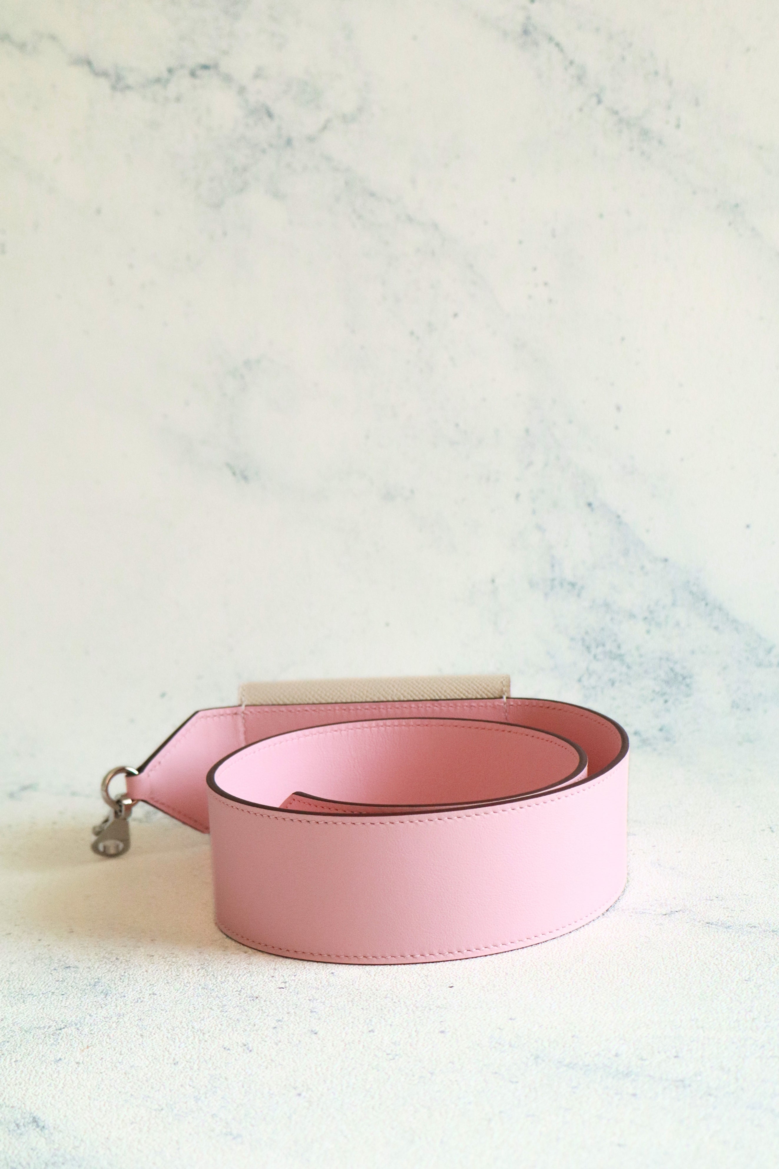 NEW Hermes Kelly Pocket Bag Strap Rose Sakura/Craie Swift Epsom Calfskin 85 cm