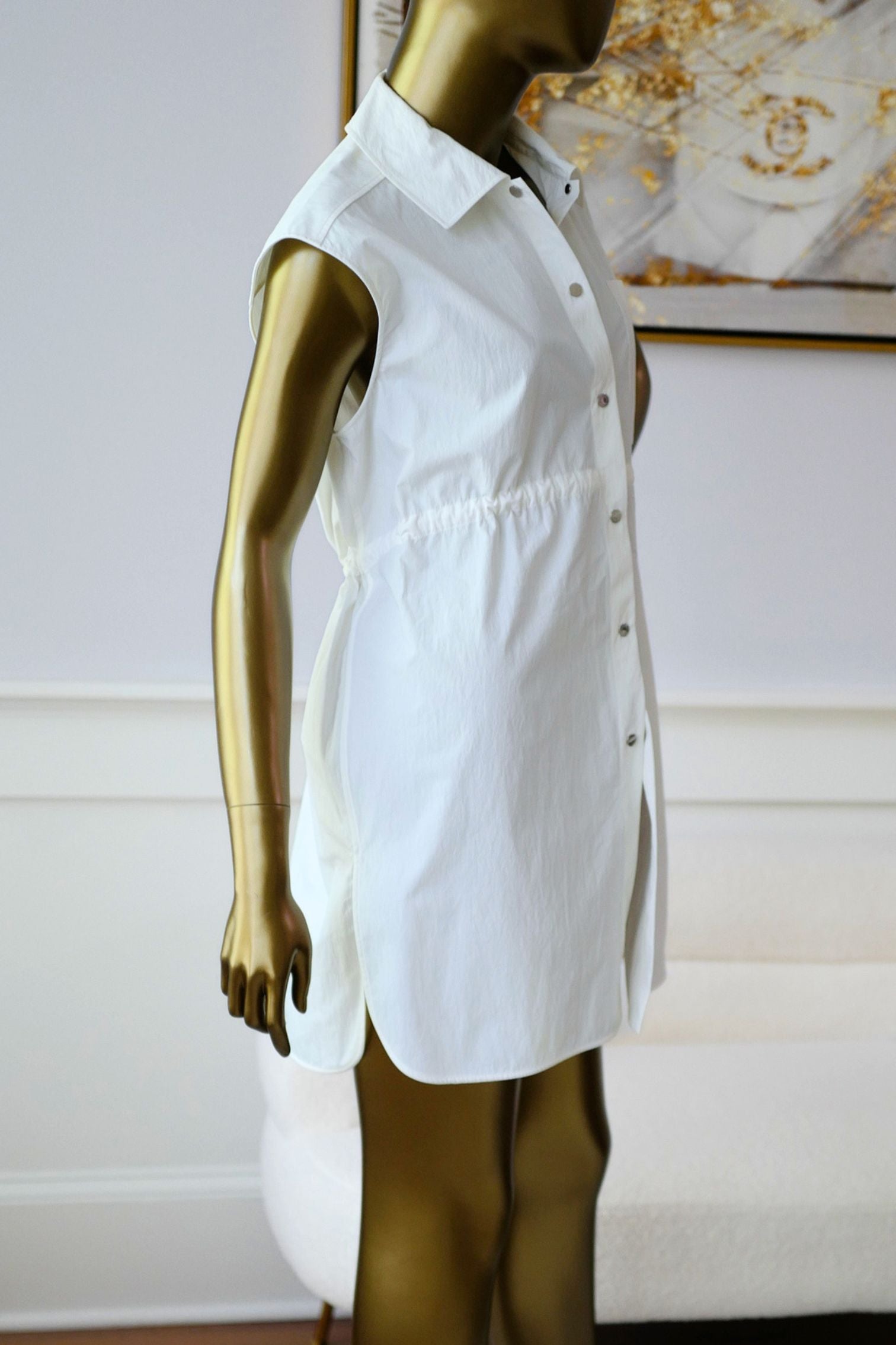 Hermès Chemise Coulissée Sans Manches Blanc Cassé Technical Cotton Size 36